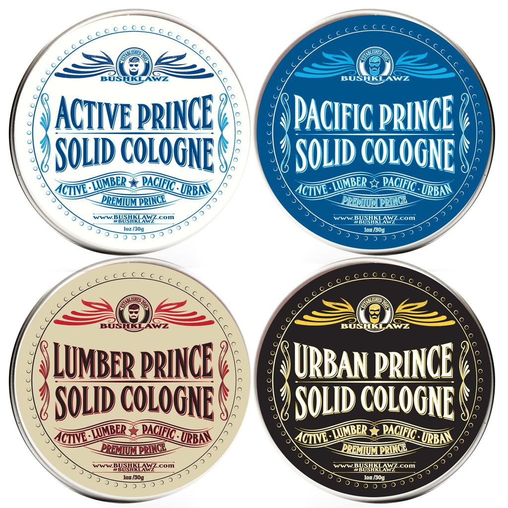 BushKlawz Premium Prince Solid Cologne Gift Set – 4x 1 oz Tins, Alcohol-Free, Travel-Ready Men’s Fragrance