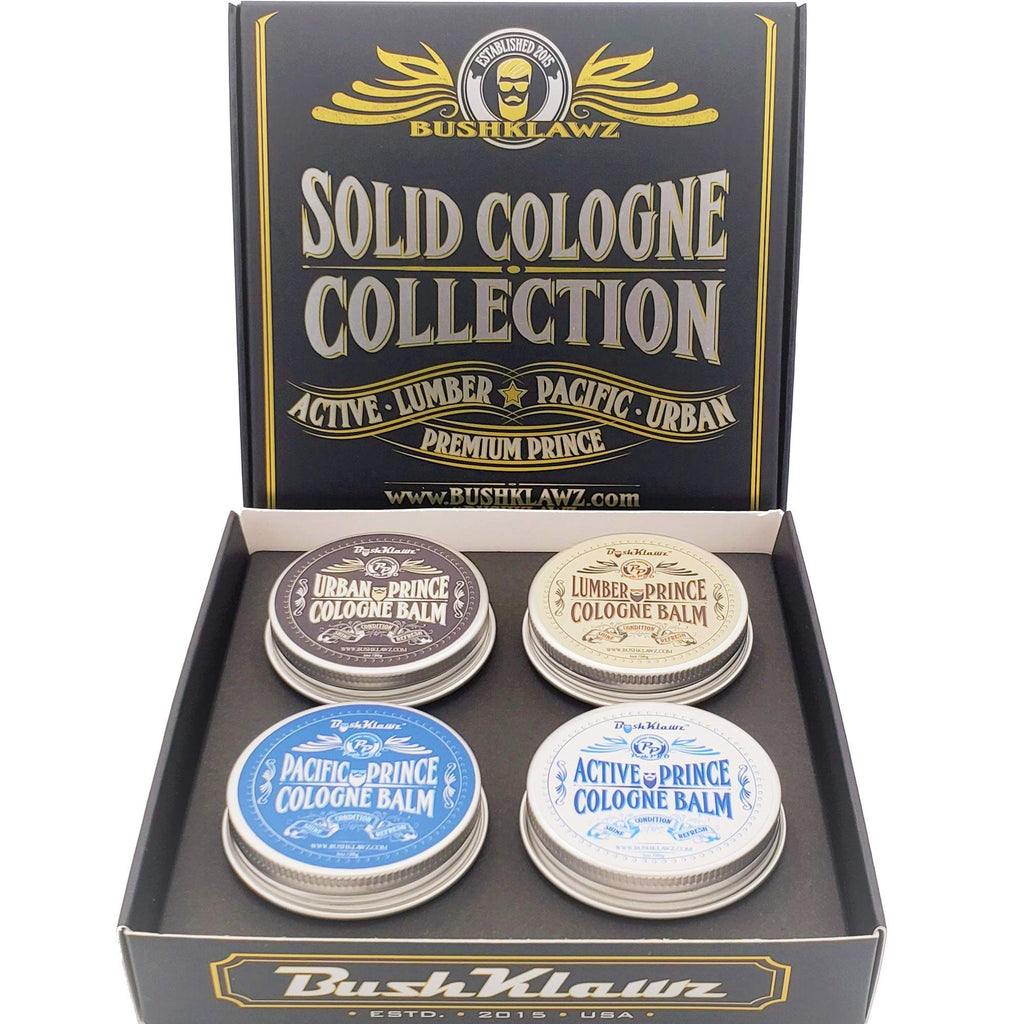 BushKlawz Premium Prince Solid Cologne Gift Set – 4x 1 oz Tins, Alcohol-Free, Travel-Ready Men’s Fragrance