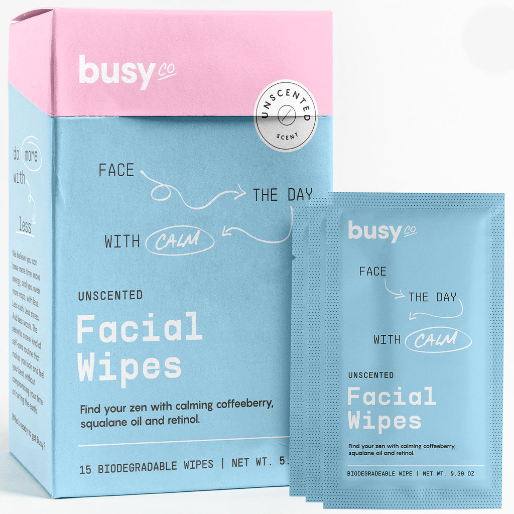 BUSYCO Calm Line Facial Wipes – Unscented Brightening Cleansing Wipes, 15ct