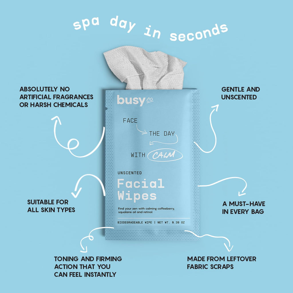 BUSYCO Calm Line Facial Wipes – Unscented Brightening Cleansing Wipes, 15ct