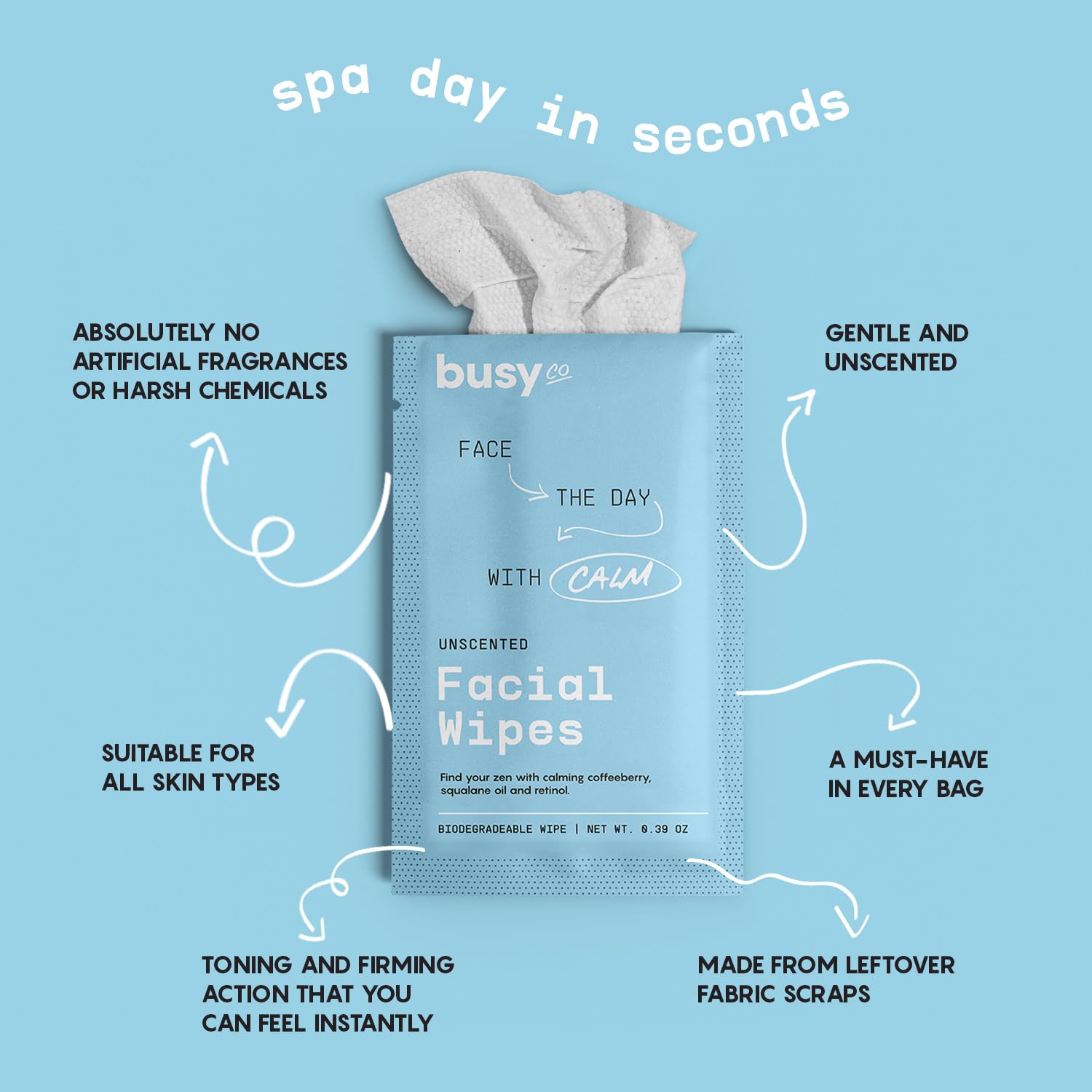 BUSYCO Calm Line Facial Wipes – Unscented Brightening Cleansing Wipes, 15ct
