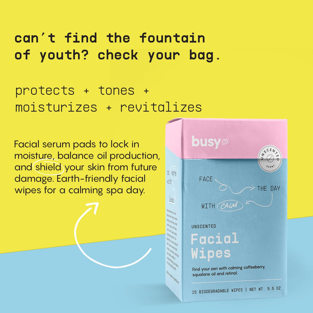 BUSYCO Calm Line Facial Wipes – Unscented Brightening Cleansing Wipes, 15ct