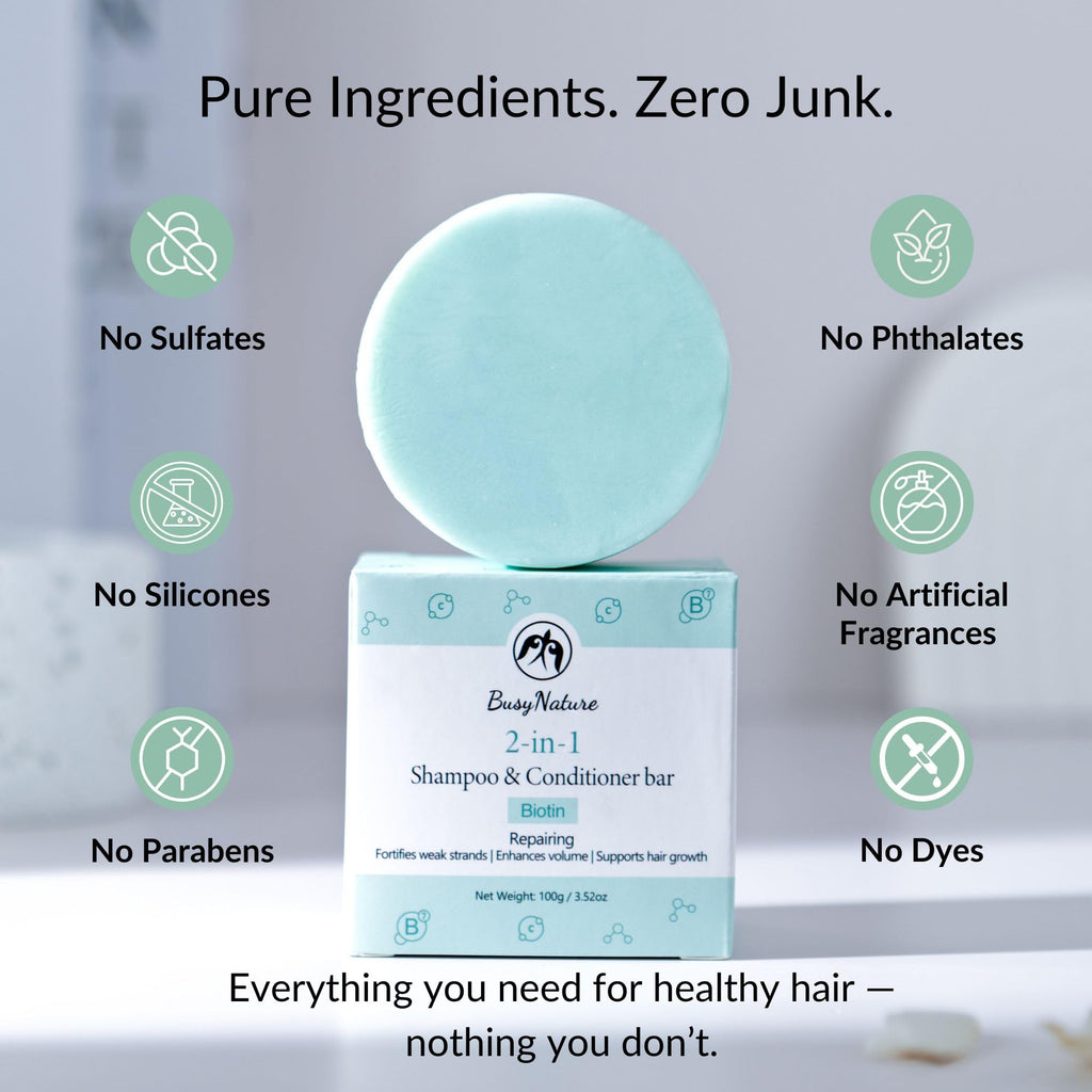 BusyNature Biotin 2-in-1 Shampoo & Conditioner Bar – Repairing & Volumizing, 100 g