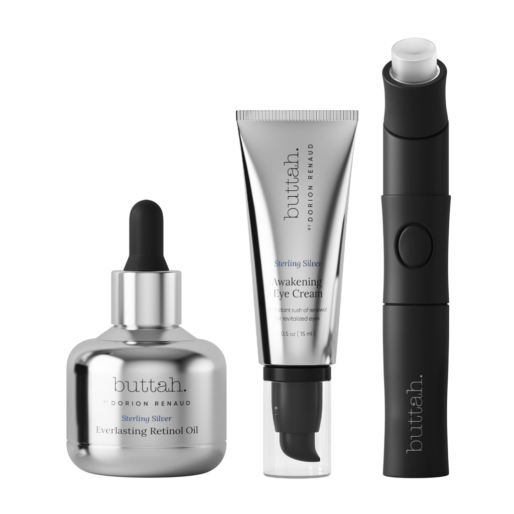 Buttah Skin Sterling Silver Kit for Radiant Beauty | Everlasting Retinol Oil, Awakening Eye Cream, Uplift & Smooth Face Wand