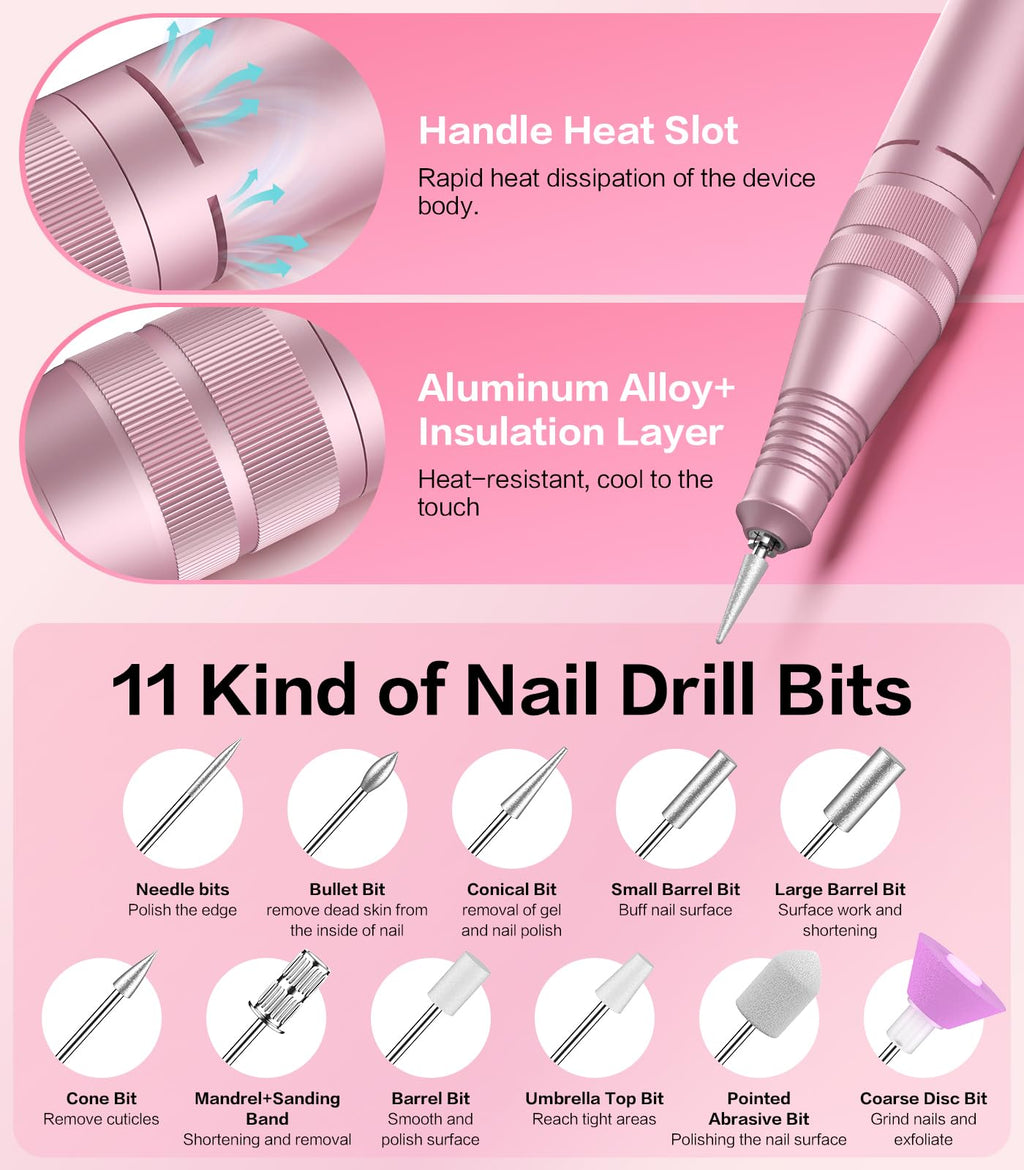 buways Professional Electric Cordless Nail Drill Kit — 35,000 RPM with 11 Bits for At-Home Manicures