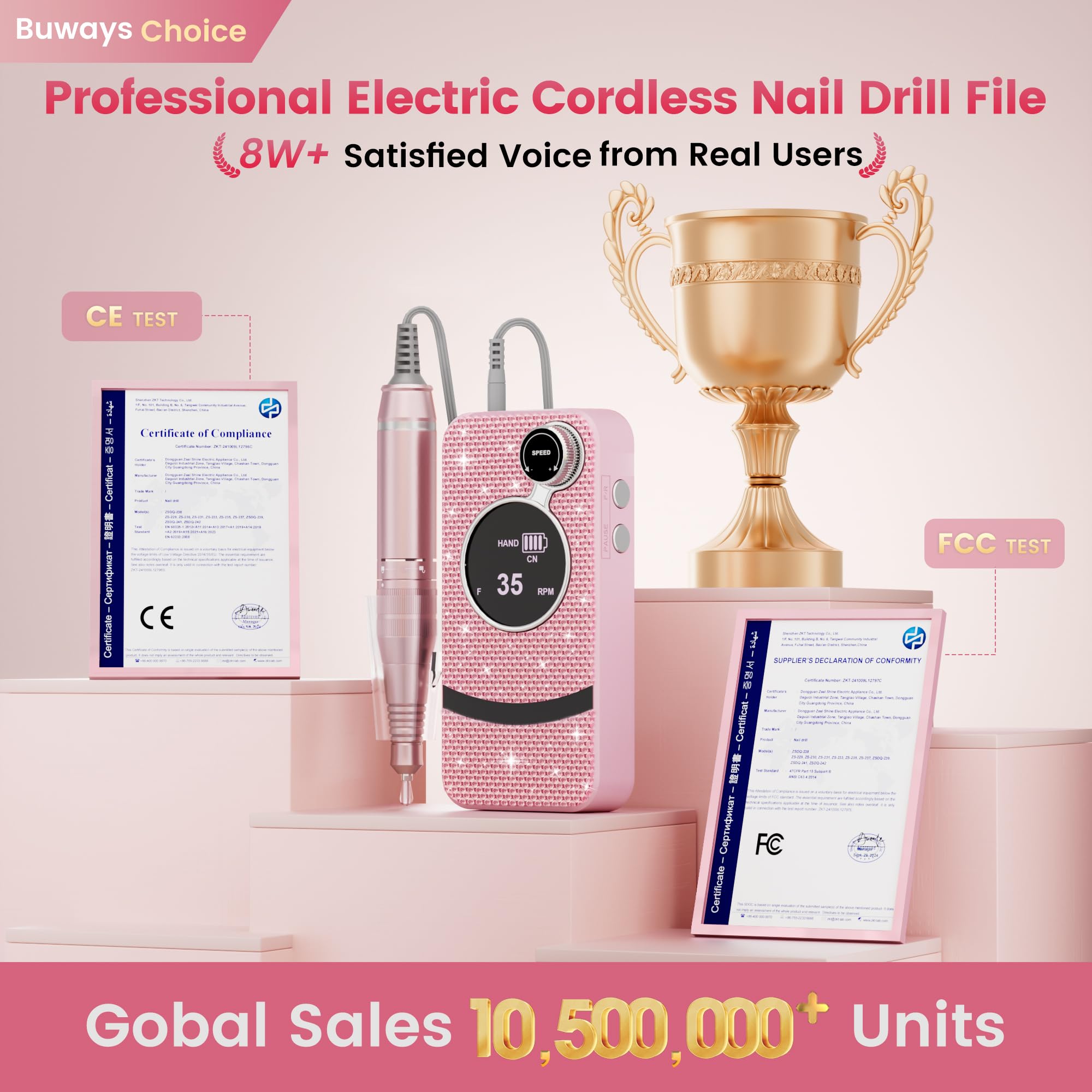 buways Professional Electric Cordless Nail Drill Kit — 35,000 RPM with 11 Bits for At-Home Manicures