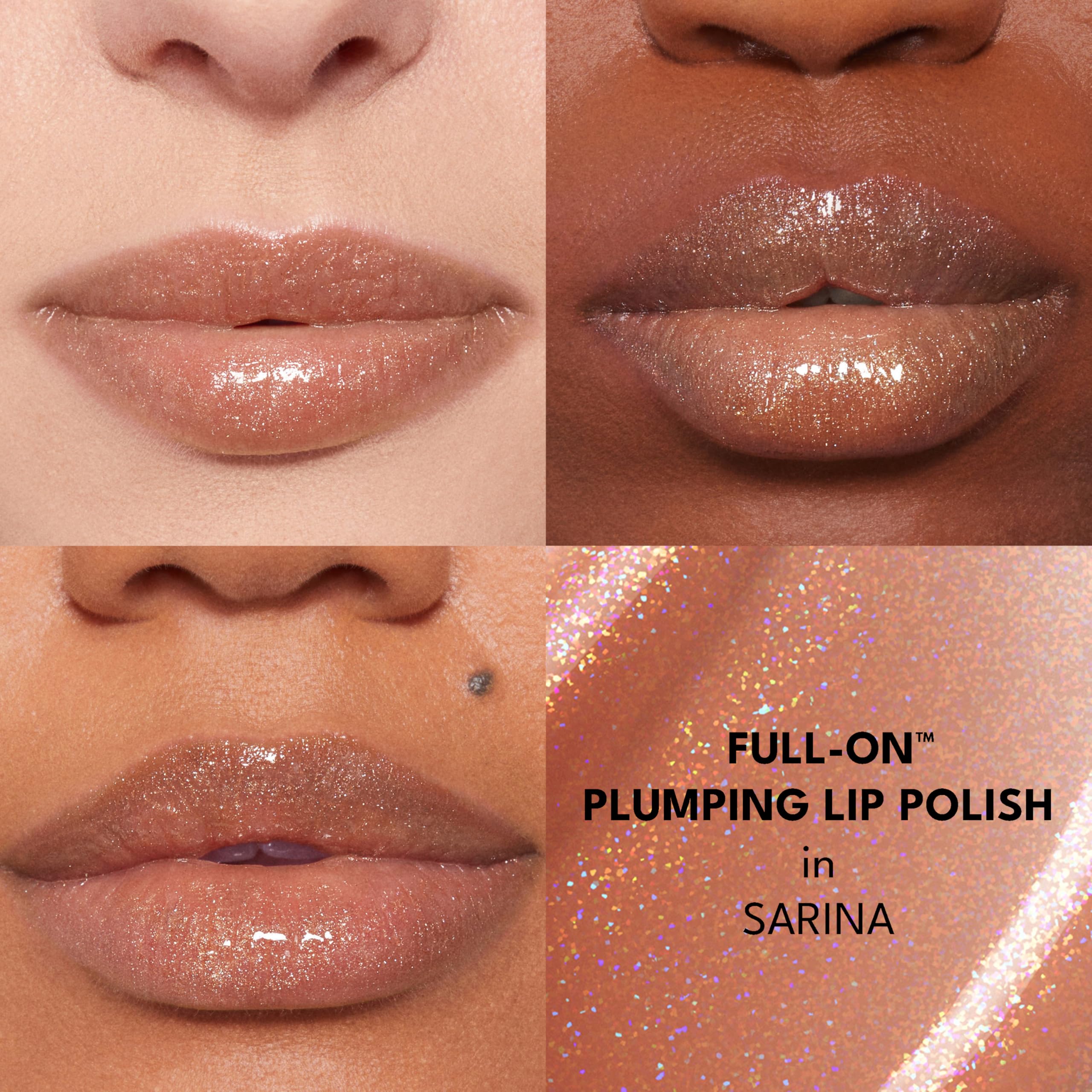 Buxom Full-On Plumping Lip Polish Sarina Nude Brown with Diamond Sparkle – Vegan Lip Gloss with Peptides & Vitamin E
