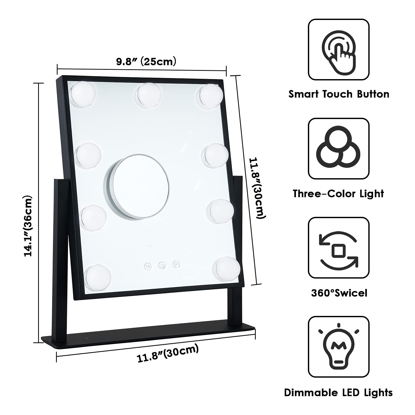BWLLNI Lighted Makeup Mirror – Hollywood Vanity with Dimmable LED Lights, 360° Rotation, Detachable 10x Magnifier, Black