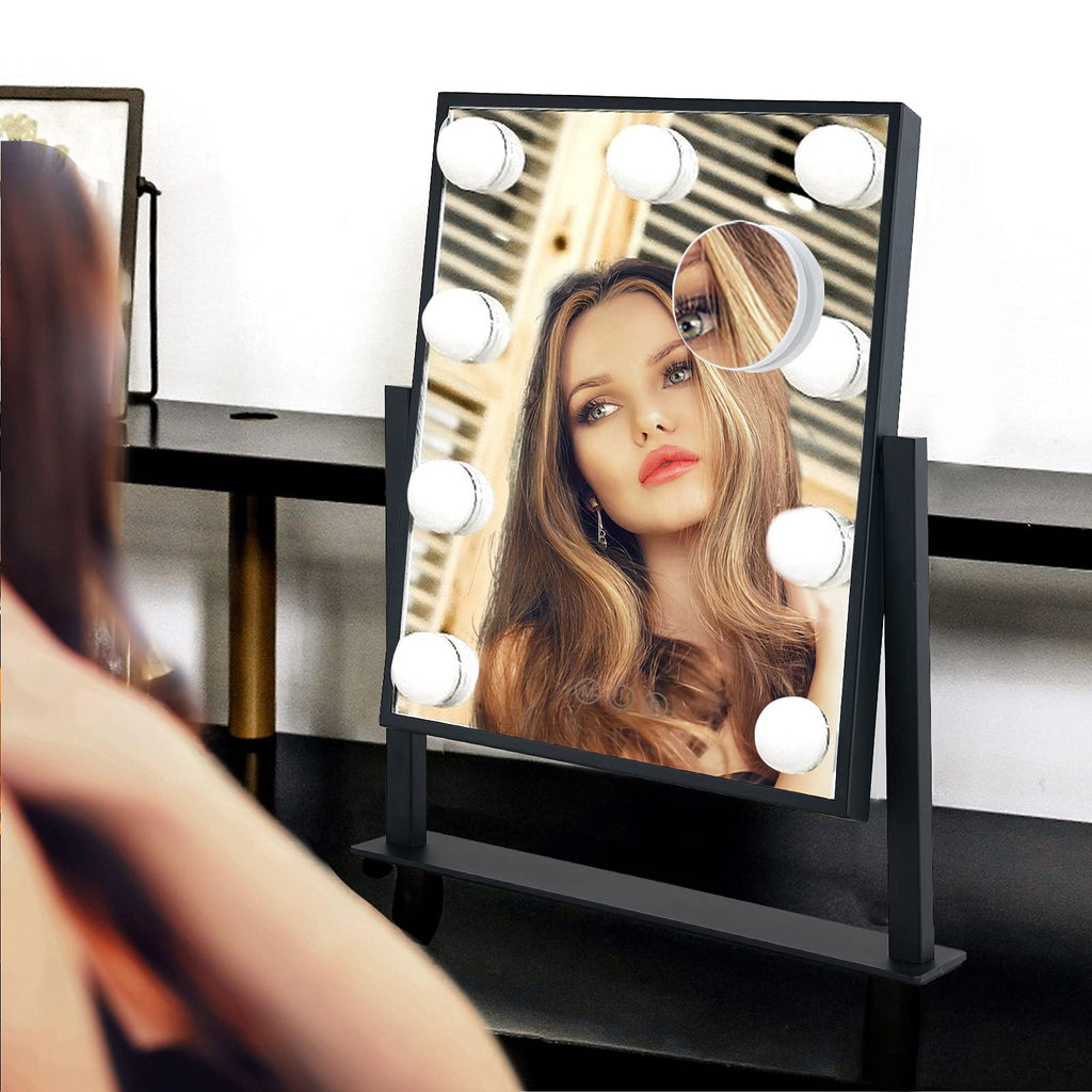 BWLLNI Lighted Makeup Mirror – Hollywood Vanity with Dimmable LED Lights, 360° Rotation, Detachable 10x Magnifier, Black