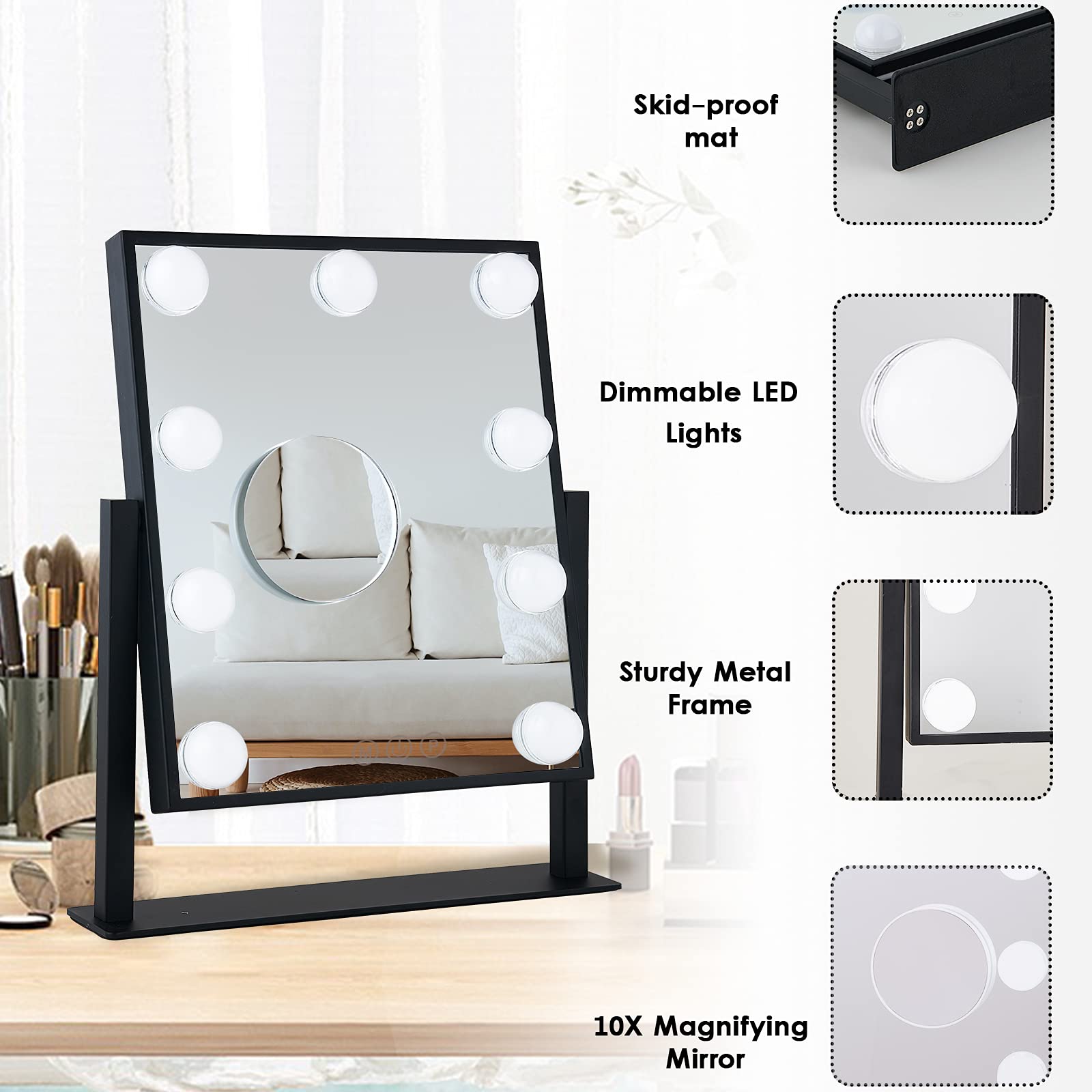 BWLLNI Lighted Makeup Mirror – Hollywood Vanity with Dimmable LED Lights, 360° Rotation, Detachable 10x Magnifier, Black