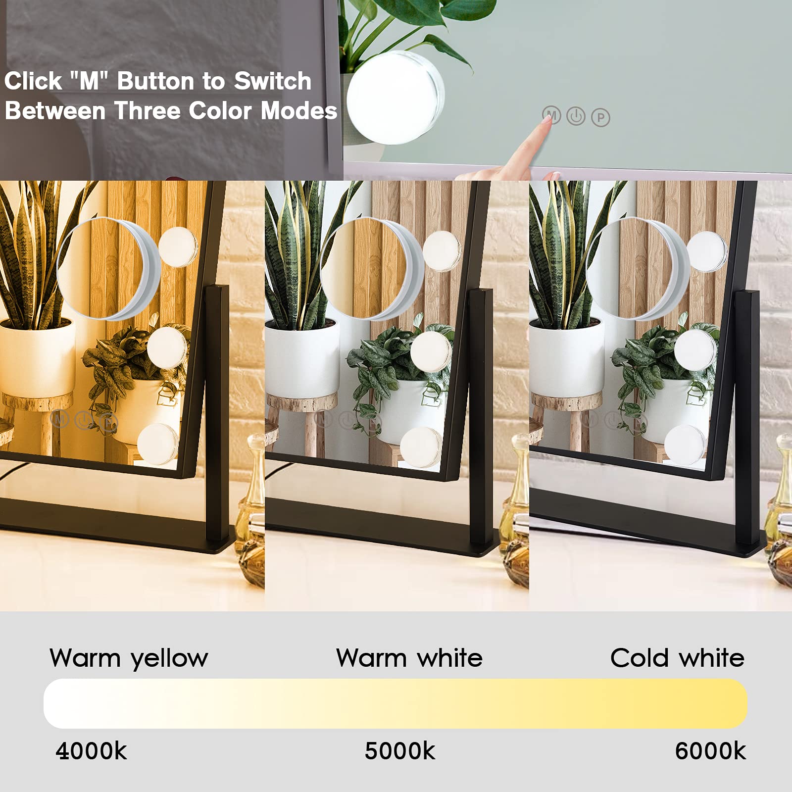 BWLLNI Lighted Makeup Mirror – Hollywood Vanity with Dimmable LED Lights, 360° Rotation, Detachable 10x Magnifier, Black