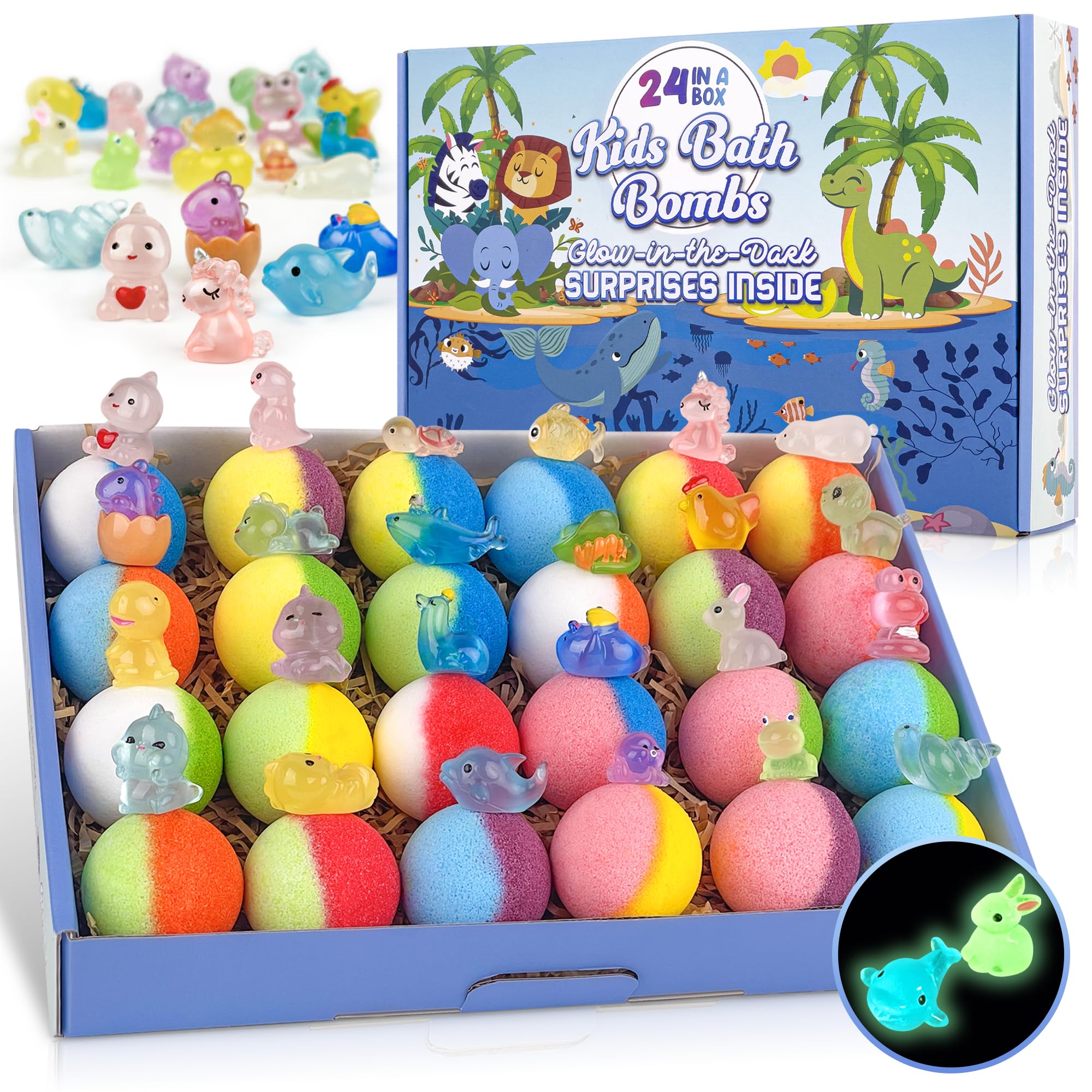 BYGGVIR Kids Bath Bombs – Glow-in-the-Dark Surprises, 24-Pack Natural Colorful Bubble Bath Fizz