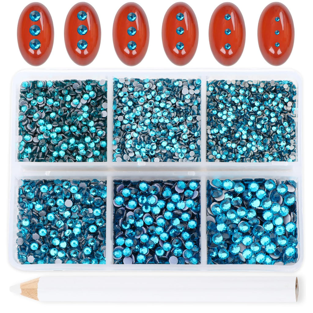 Bymitel Blue Zircon Hotfix Rhinestones – 8000 Pcs, 6 Sizes SS3-SS12 + Wax Pencil