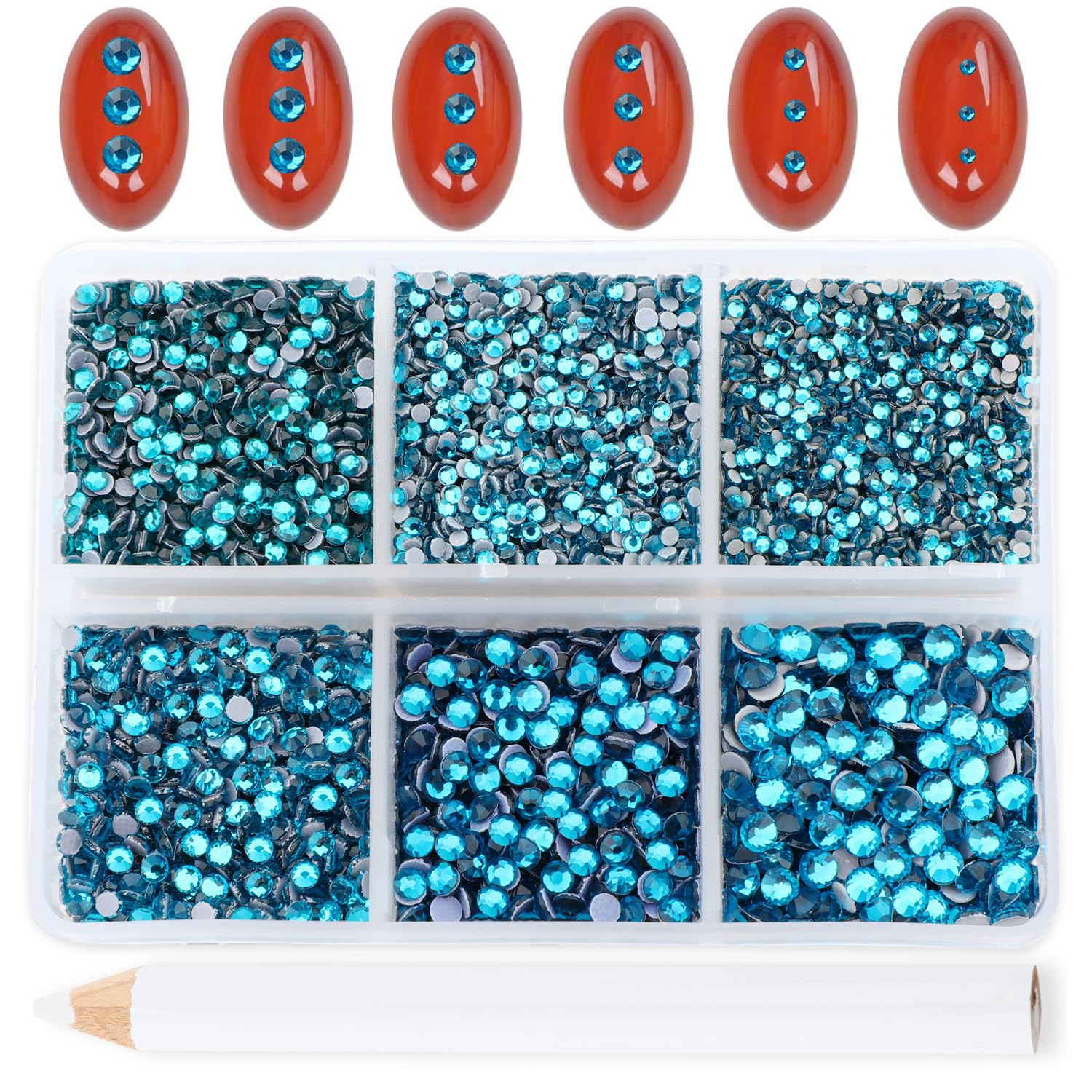 Bymitel Blue Zircon Hotfix Rhinestones – 8000 Pcs, 6 Sizes SS3-SS12 + Wax Pencil