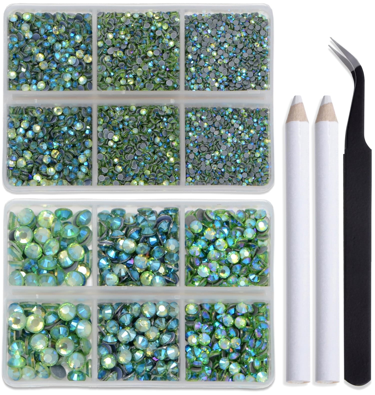 Bymitel Hotfix Crystal Rhinestones – Peridot AB, 8000pcs, 6 Sizes (SS4-SS30) + Wax Pencil