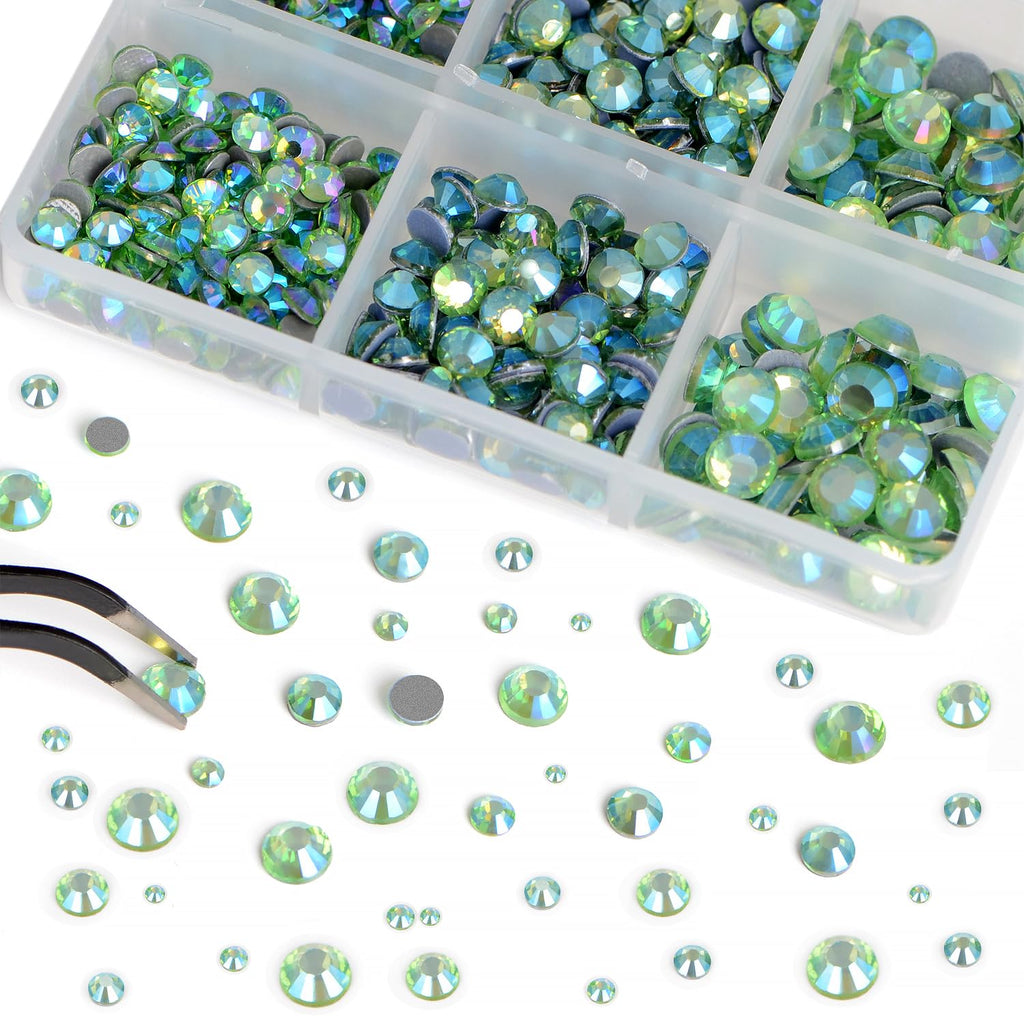 Bymitel Hotfix Crystal Rhinestones – Peridot AB, 8000pcs, 6 Sizes (SS4-SS30) + Wax Pencil