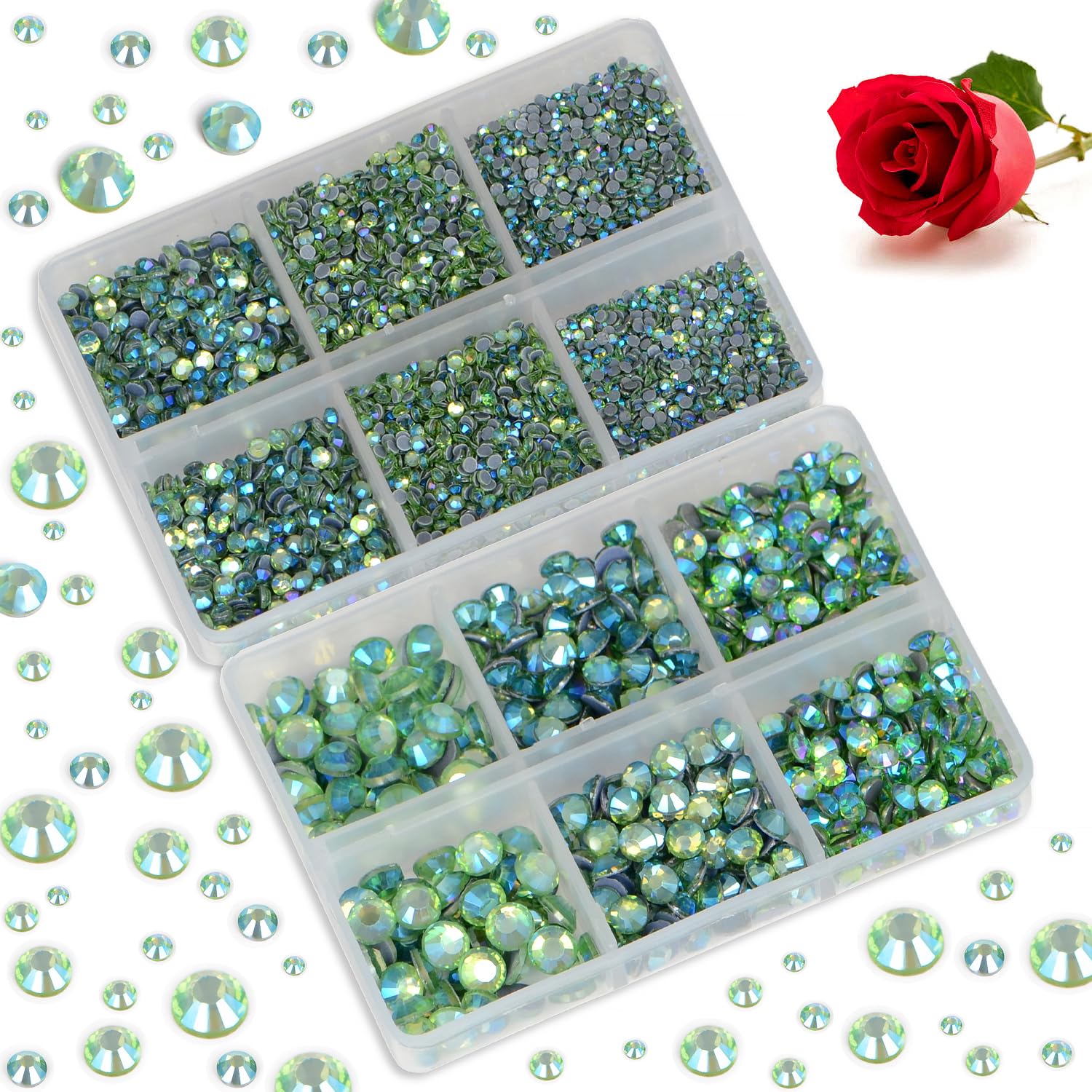 Bymitel Hotfix Crystal Rhinestones – Peridot AB, 8000pcs, 6 Sizes (SS4-SS30) + Wax Pencil