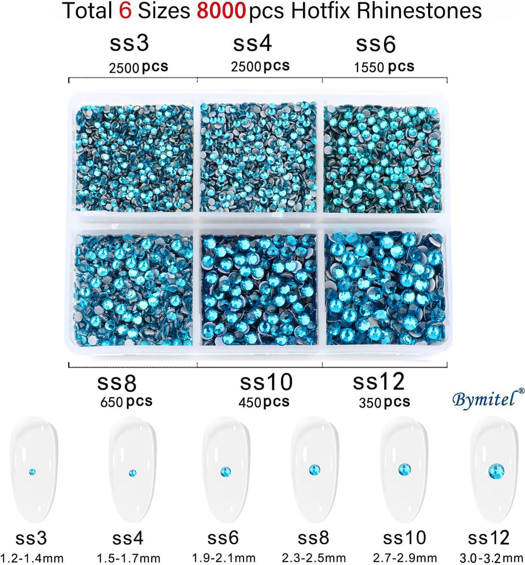 Bymitel Blue Zircon Hotfix Rhinestones – 8000 Pcs, 6 Sizes SS3-SS12 + Wax Pencil