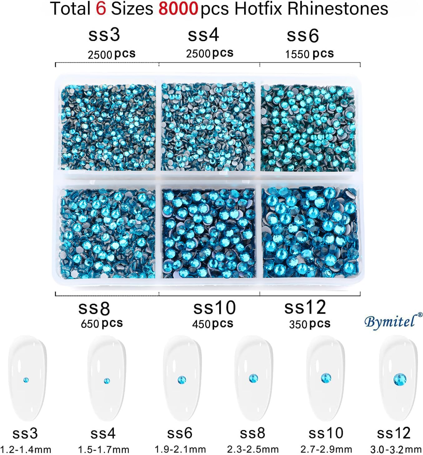 Bymitel Blue Zircon Hotfix Rhinestones – 8000 Pcs, 6 Sizes SS3-SS12 + Wax Pencil