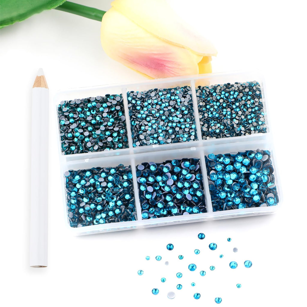 Bymitel Blue Zircon Hotfix Rhinestones – 8000 Pcs, 6 Sizes SS3-SS12 + Wax Pencil
