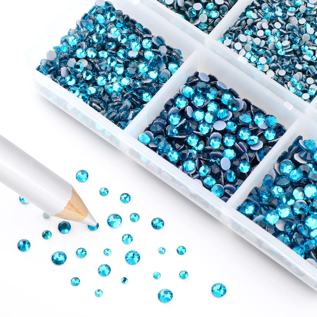 Bymitel Blue Zircon Hotfix Rhinestones – 8000 Pcs, 6 Sizes SS3-SS12 + Wax Pencil