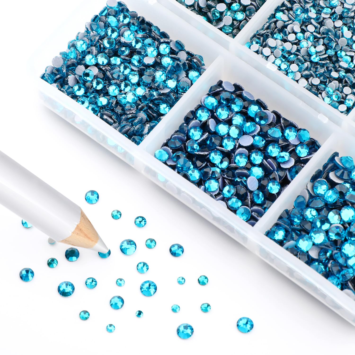 Bymitel Blue Zircon Hotfix Rhinestones – 8000 Pcs, 6 Sizes SS3-SS12 + Wax Pencil
