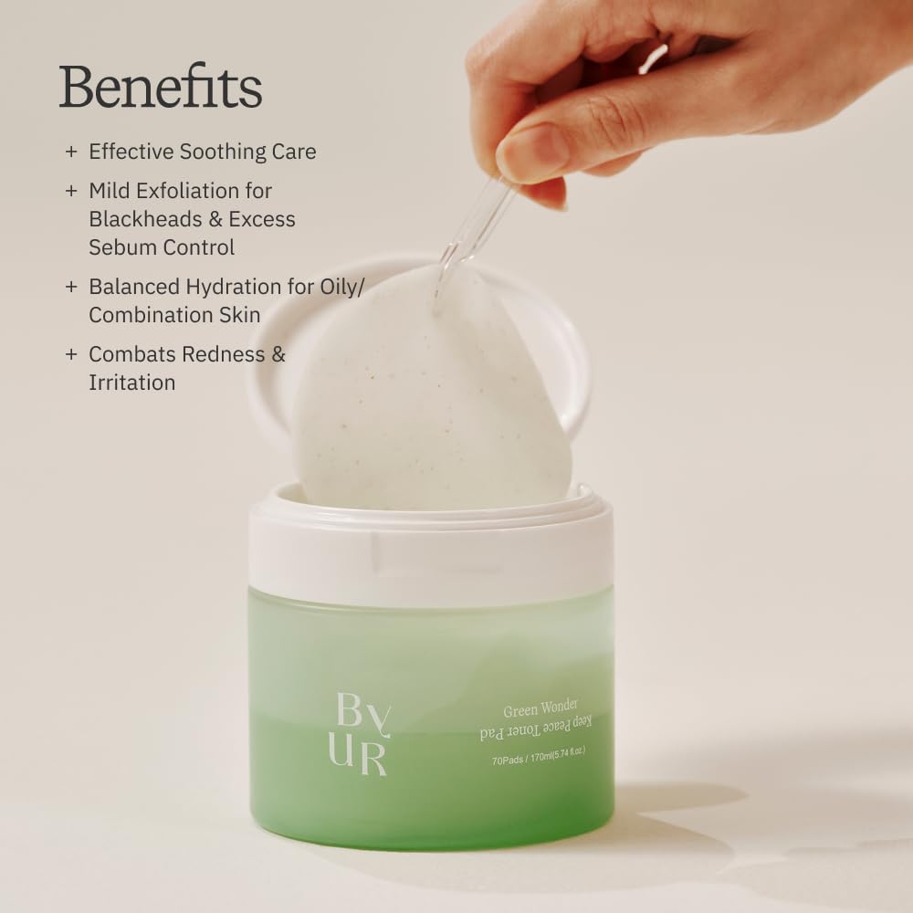 ByUR Green Wonder Keep Peace Toner Pads – Gentle Exfoliation for Sensitive Skin (70 Count)