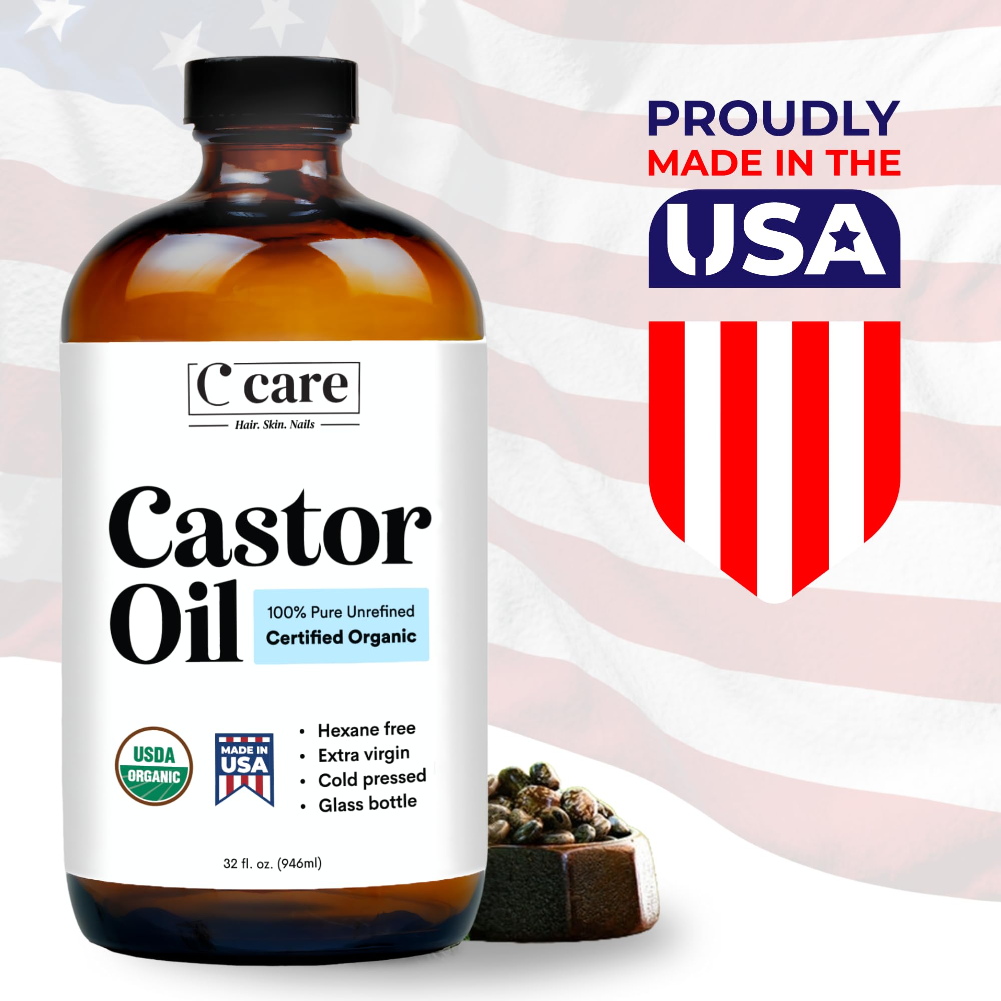 C CARE Castor Oil — 100% Pure Organic Cold-Pressed, Hexane-Free in Glass Bottle