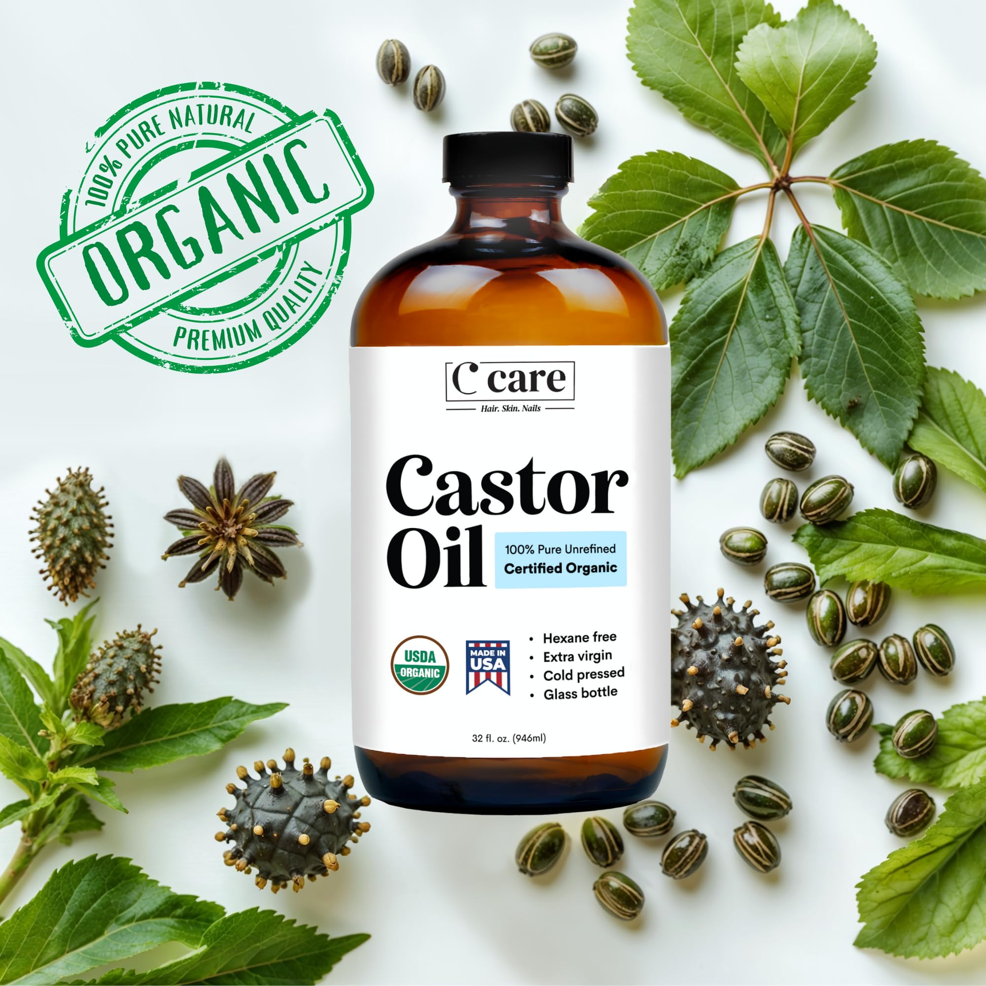 C CARE Castor Oil — 100% Pure Organic Cold-Pressed, Hexane-Free in Glass Bottle