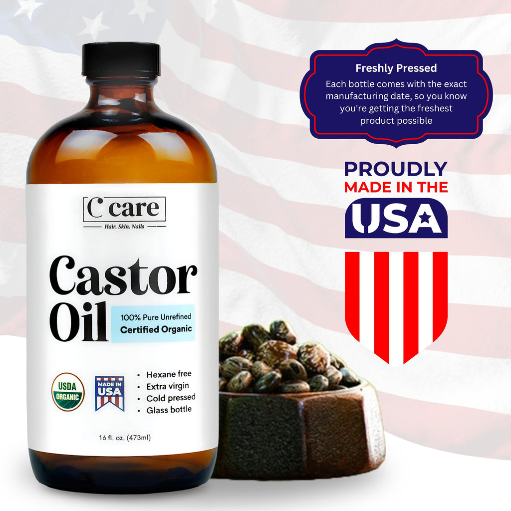 C CARE Castor Oil — 100% Pure Organic Cold-Pressed, Hexane-Free in Glass Bottle