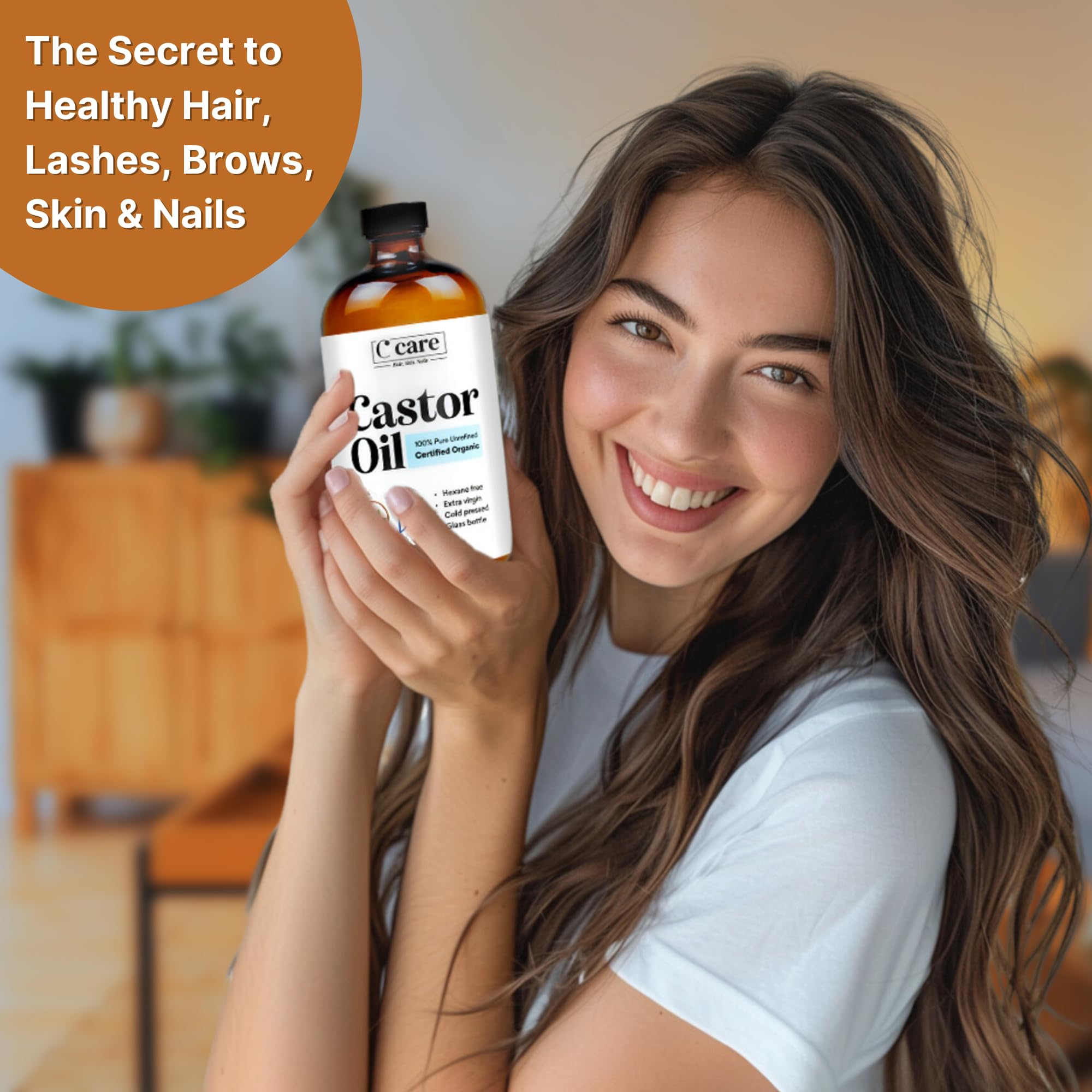 C CARE Castor Oil — 100% Pure Organic Cold-Pressed, Hexane-Free in Glass Bottle