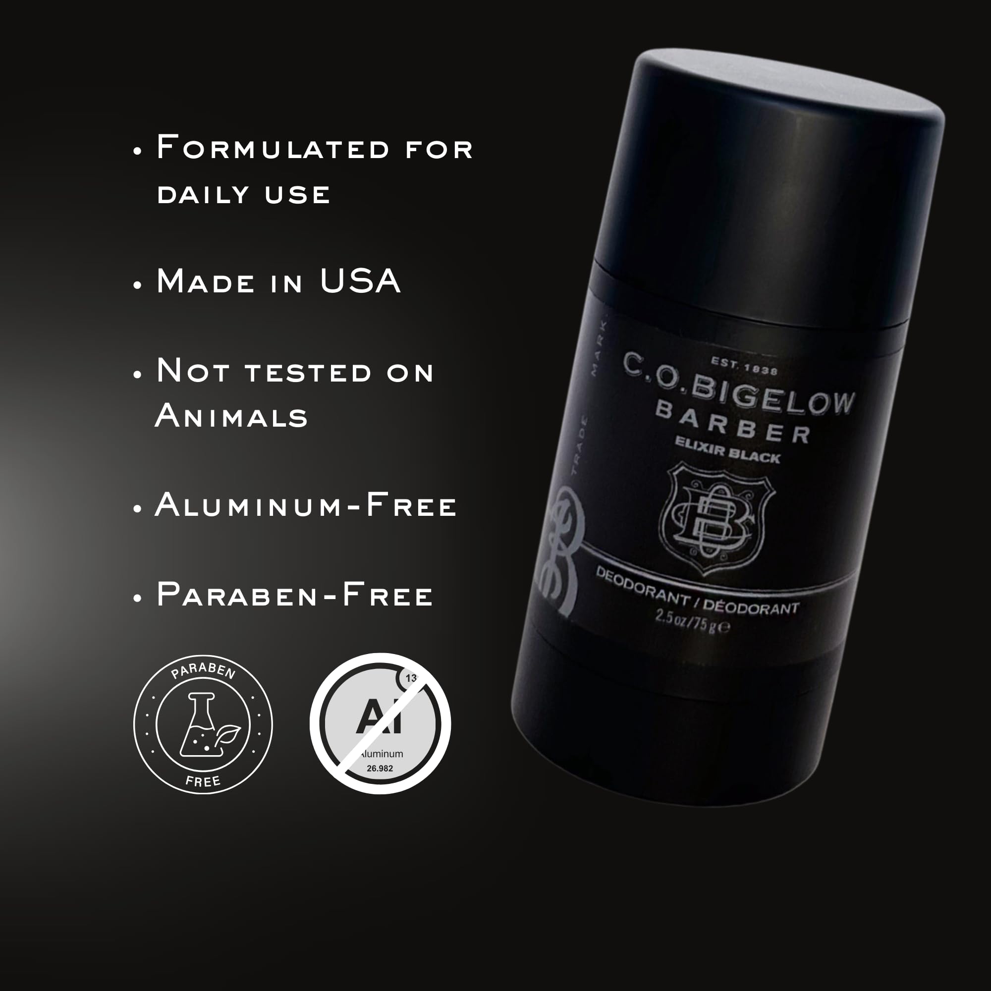 C.O. Bigelow Elixir Black Aluminum-Free Deodorant for Men – Musk & Vanilla Scent, Gel Stick, 2.5 oz