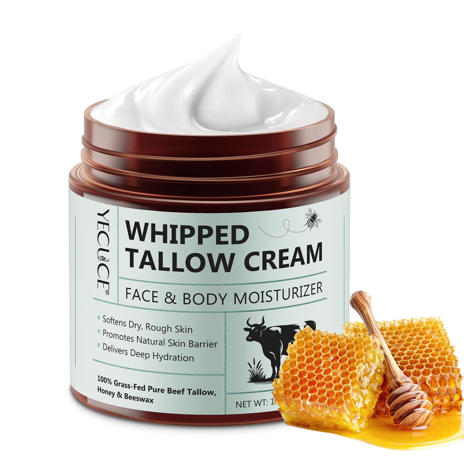 Cacukn Whipped Beef Tallow – Organic Facial Moisturizer with Grass-Fed Tallow & Raw Honey (4.2 oz)