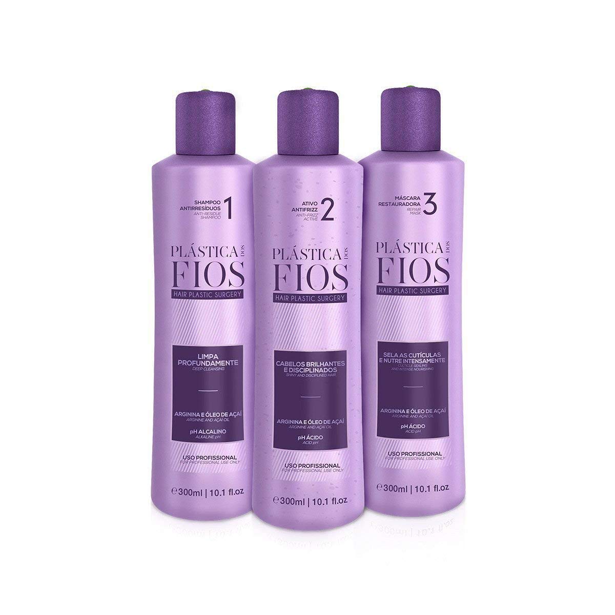 CADIVEU Plastica Dos Fios Keratin Smoothing System – Brazilian Keratin, 3x300ml Anti-Residue Shampoo & Repair Mask, Comb Included