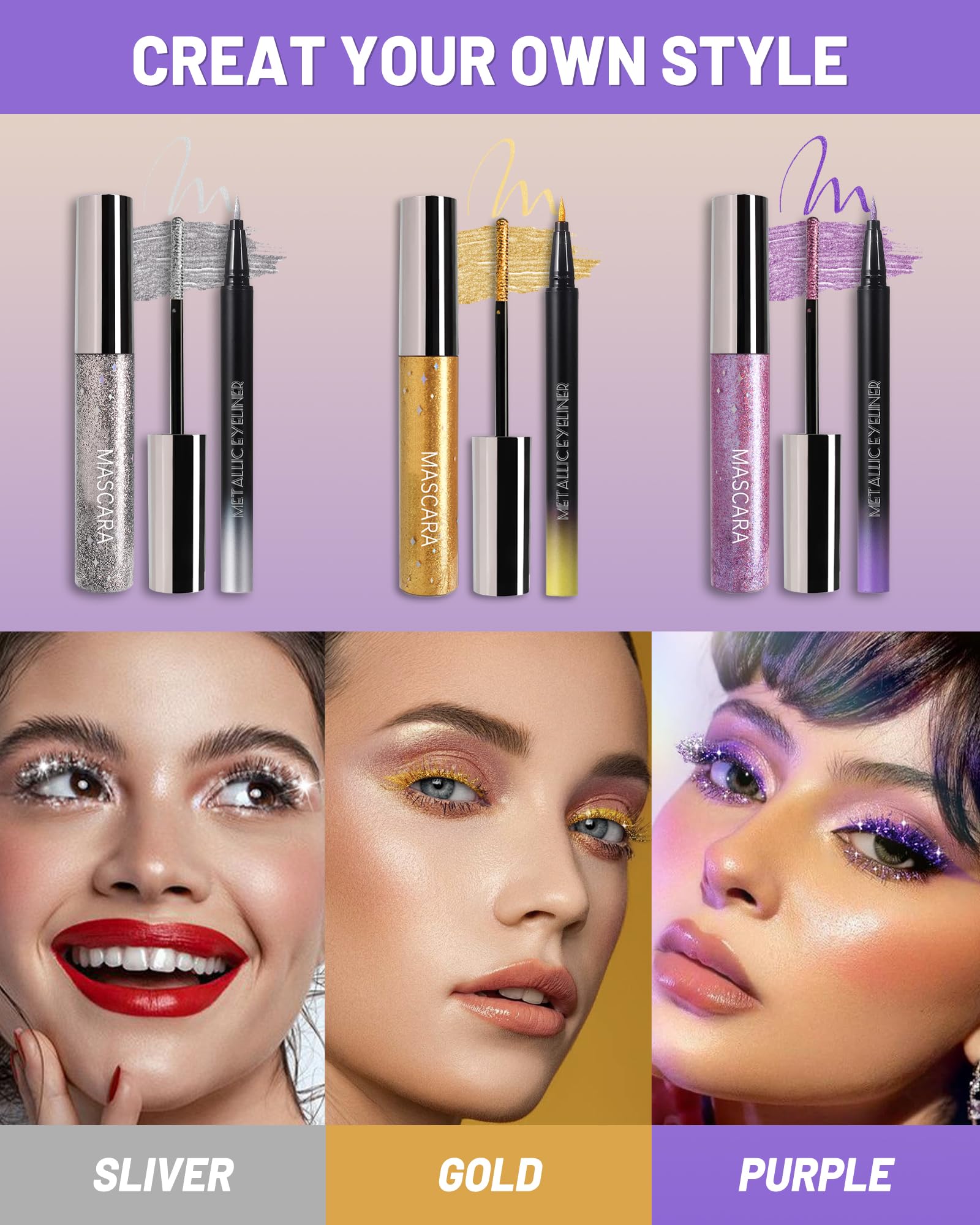 Caedelfly Glitter Mascara & Waterproof Eyeliner Duo – Gold, Silver & Purple