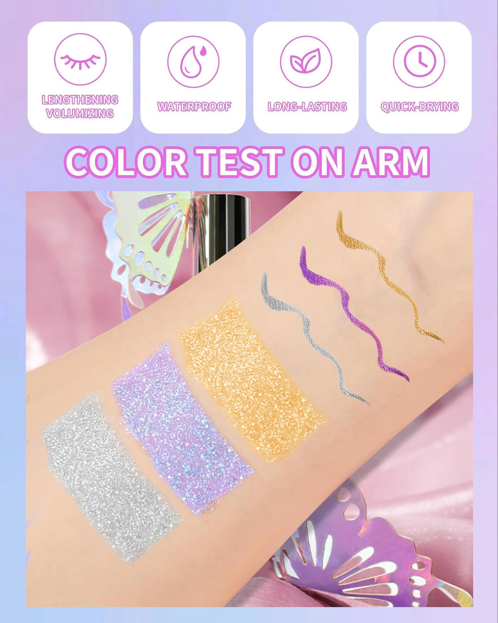 Caedelfly Glitter Mascara & Waterproof Eyeliner Duo – Gold, Silver & Purple