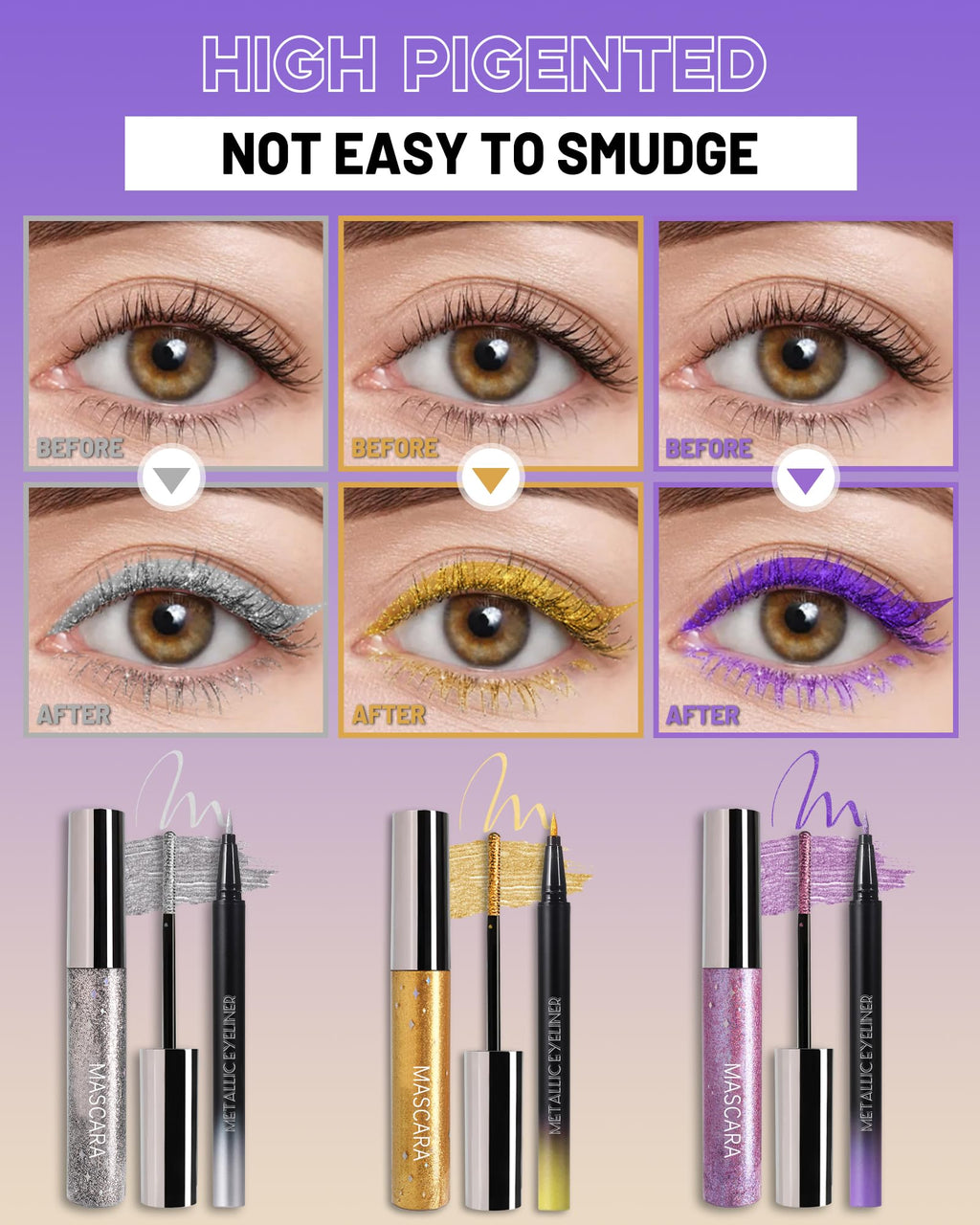 Caedelfly Glitter Mascara & Waterproof Eyeliner Duo – Gold, Silver & Purple