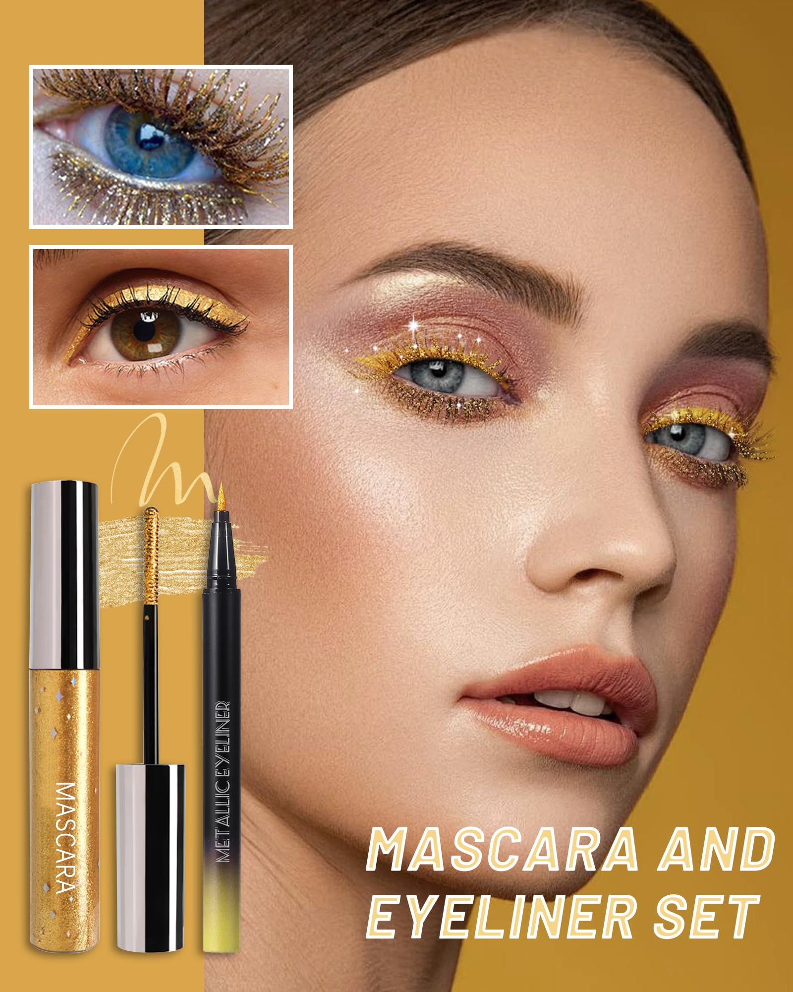 Caedelfly Glitter Mascara & Waterproof Eyeliner Duo – Gold, Silver & Purple