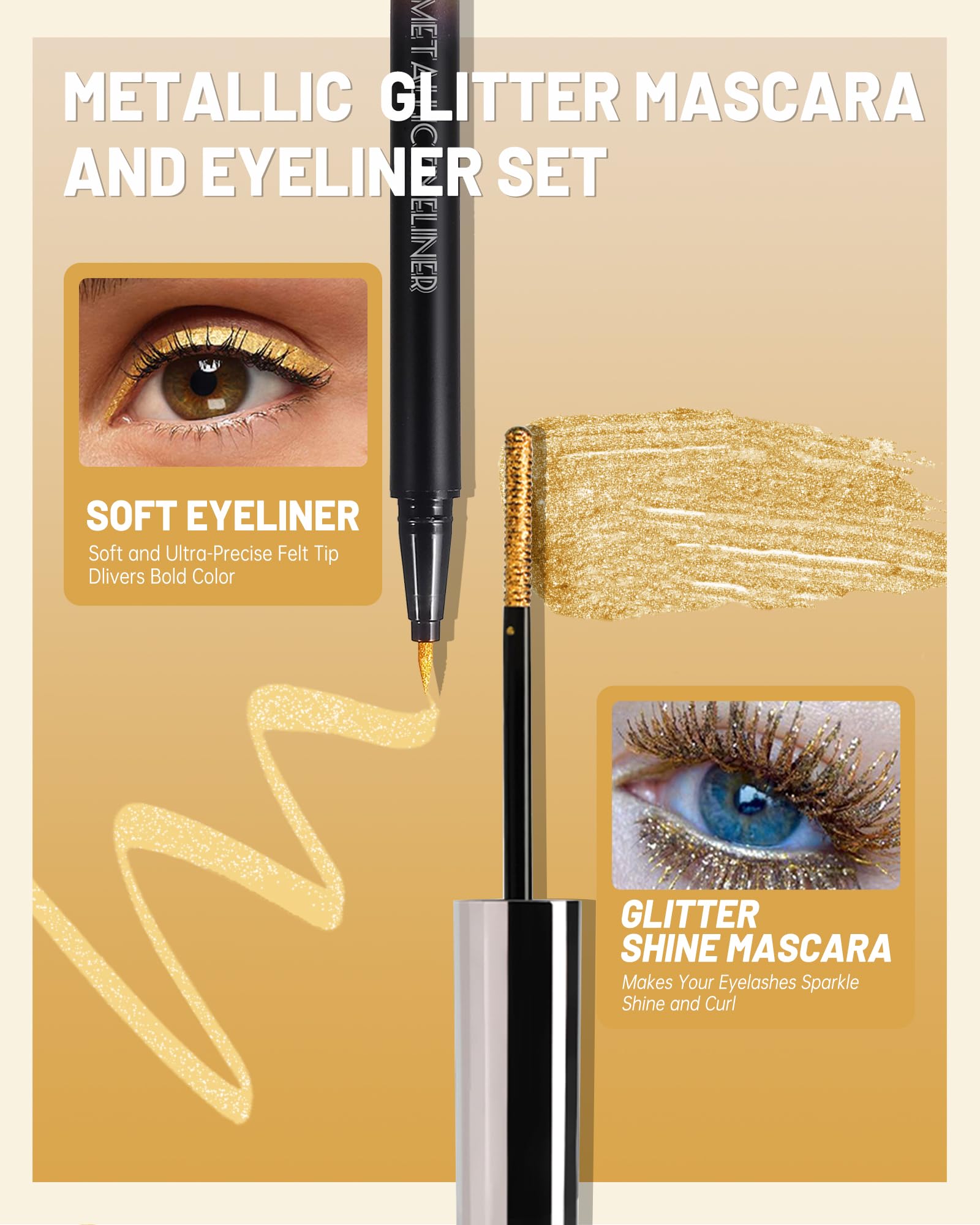 Caedelfly Glitter Mascara & Waterproof Eyeliner Duo – Gold, Silver & Purple