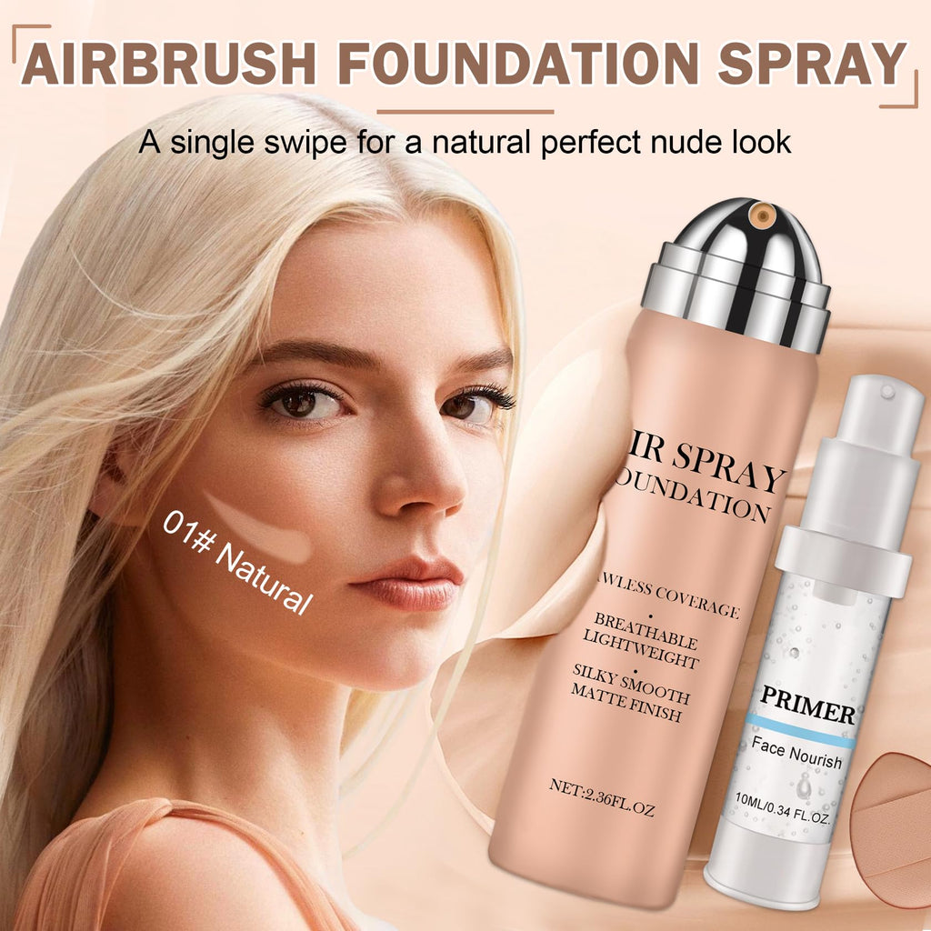 CAHIUYOA AirBrush Foundation Spray – Full Coverage, Natural Matte Finish for Mature Skin – 01 Natural/Warm Porcelain