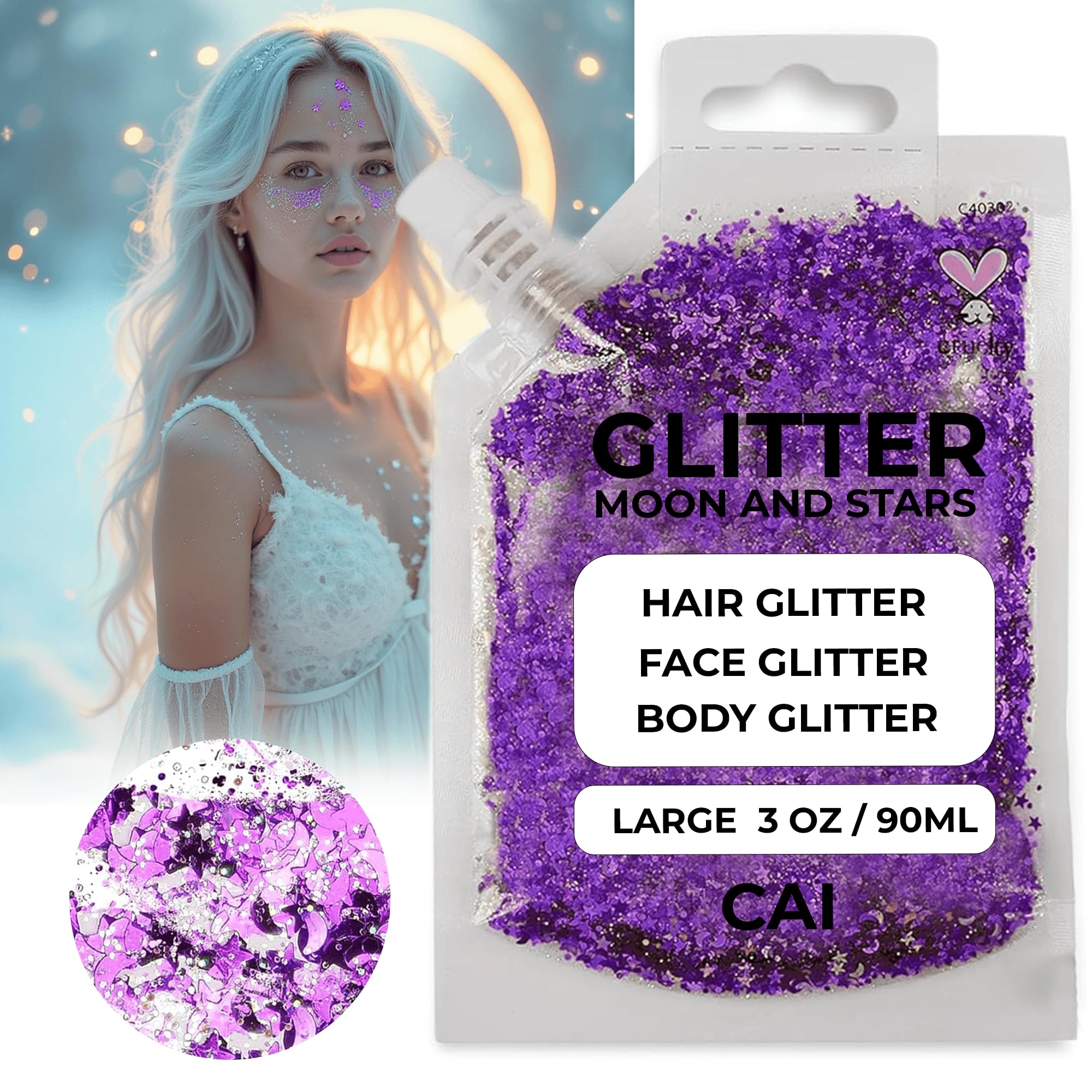 CAI BEAUTY NYC Face, Hair & Body Glitter Gel – Moon & Stars, 3 oz, 2-Pack