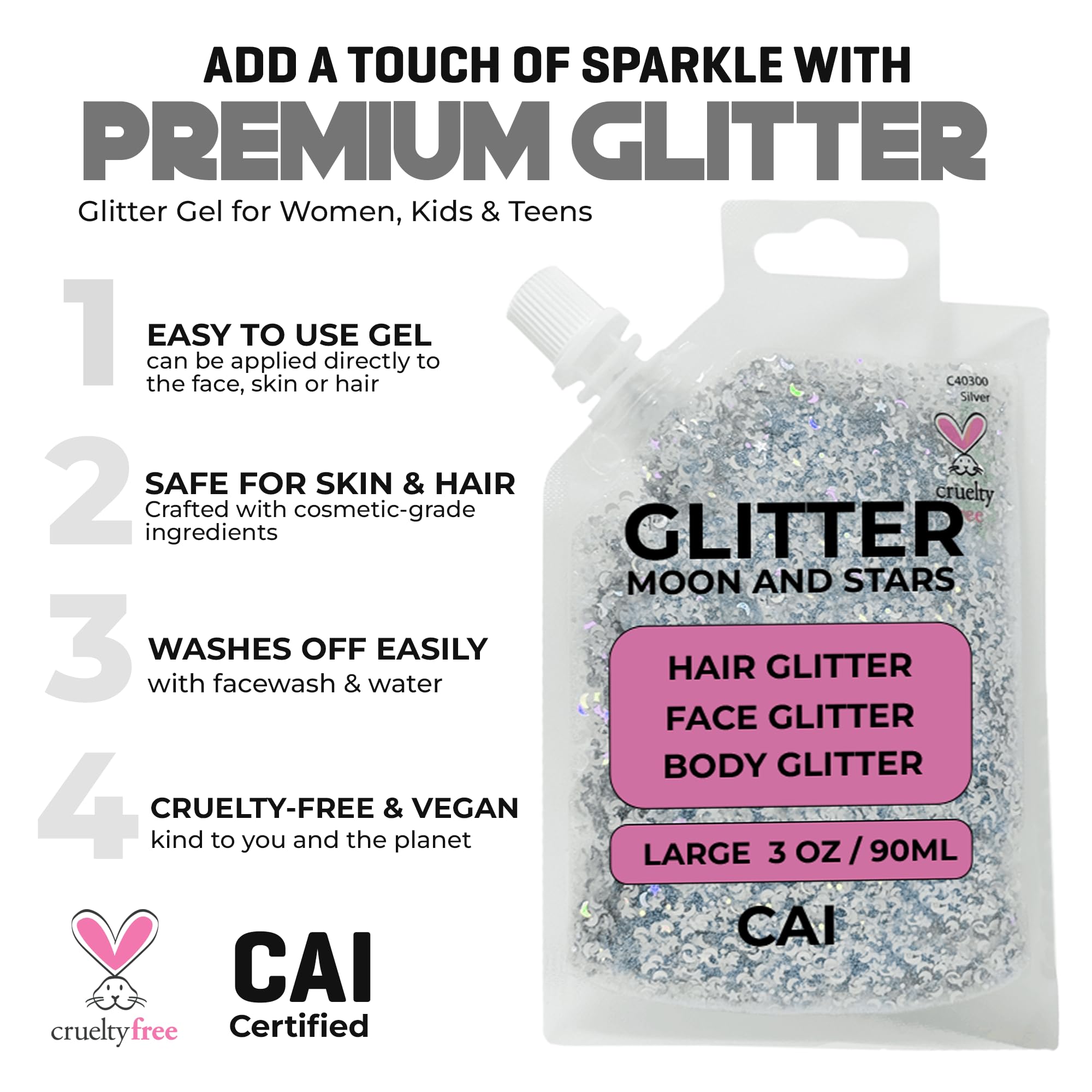 CAI BEAUTY NYC Glitter Gel – Face, Body & Hair (Moon & Stars) Violet 2-Pack