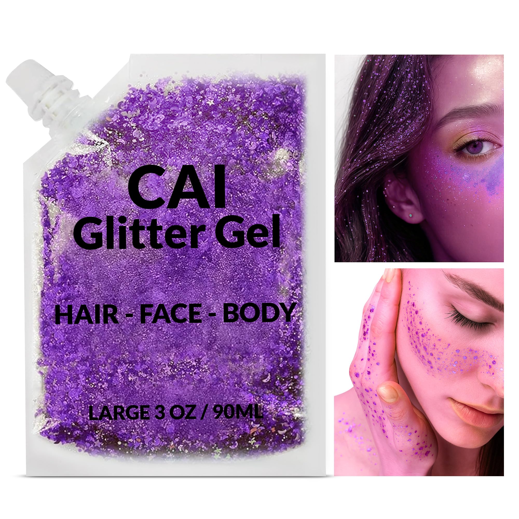 CAI BEAUTY NYC Glitter Gel – Face, Body & Hair (Moon & Stars) Violet 2-Pack