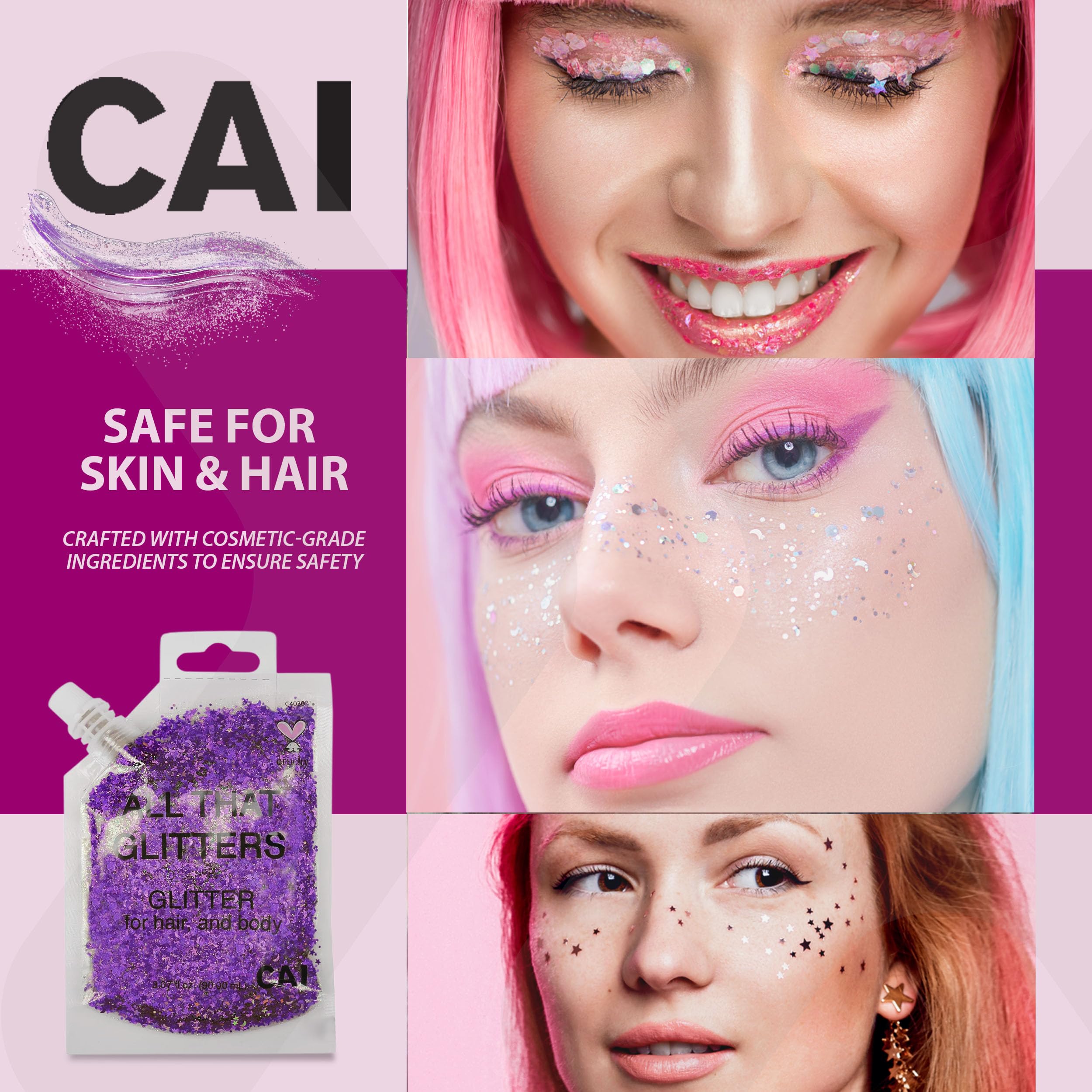 CAI BEAUTY NYC Glitter Gel – Face, Body & Hair (Moon & Stars) Violet 2-Pack