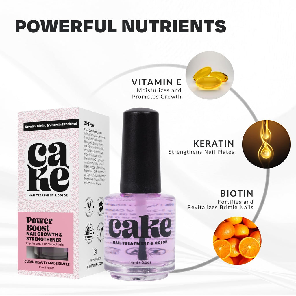 CAKE Nail Power Boost: Strengthener with Keratin, Biotin & Vitamin E | Base Coat & Top Coat