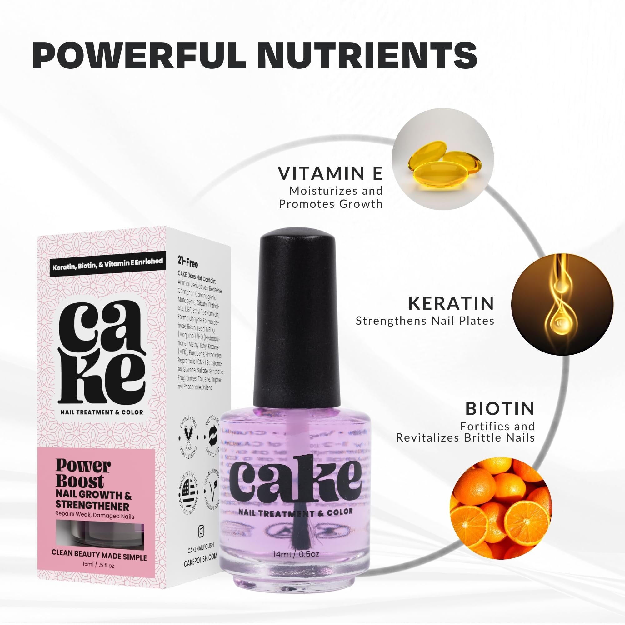 CAKE Nail Power Boost: Strengthener with Keratin, Biotin & Vitamin E | Base Coat & Top Coat