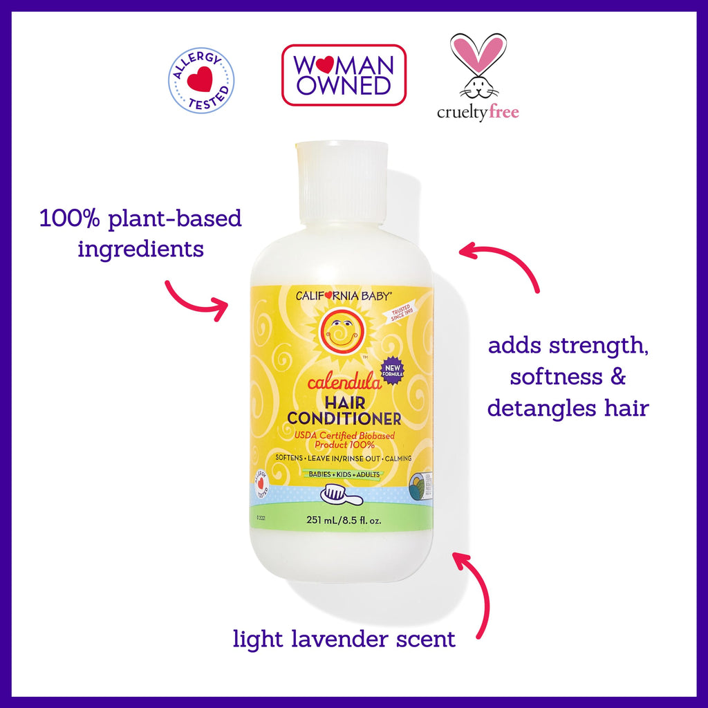 California Baby Calendula Kids Conditioner – 100% Plant-Based, Lavender Scent, Rinse-Out or Leave-In, 8.5 oz