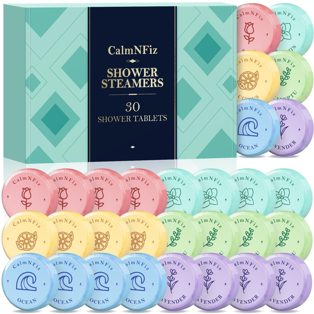 CalmNFiz 30 Pack Shower Steamers Gift Set – 6 Scents for Self-Care