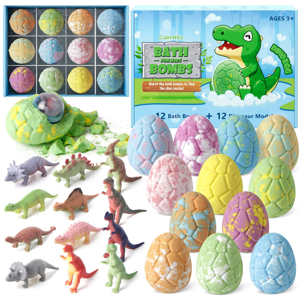 CalmNFiz Bath Bombs with Surprise Dinosaur Toys – 12 Pack, Organic & Natural