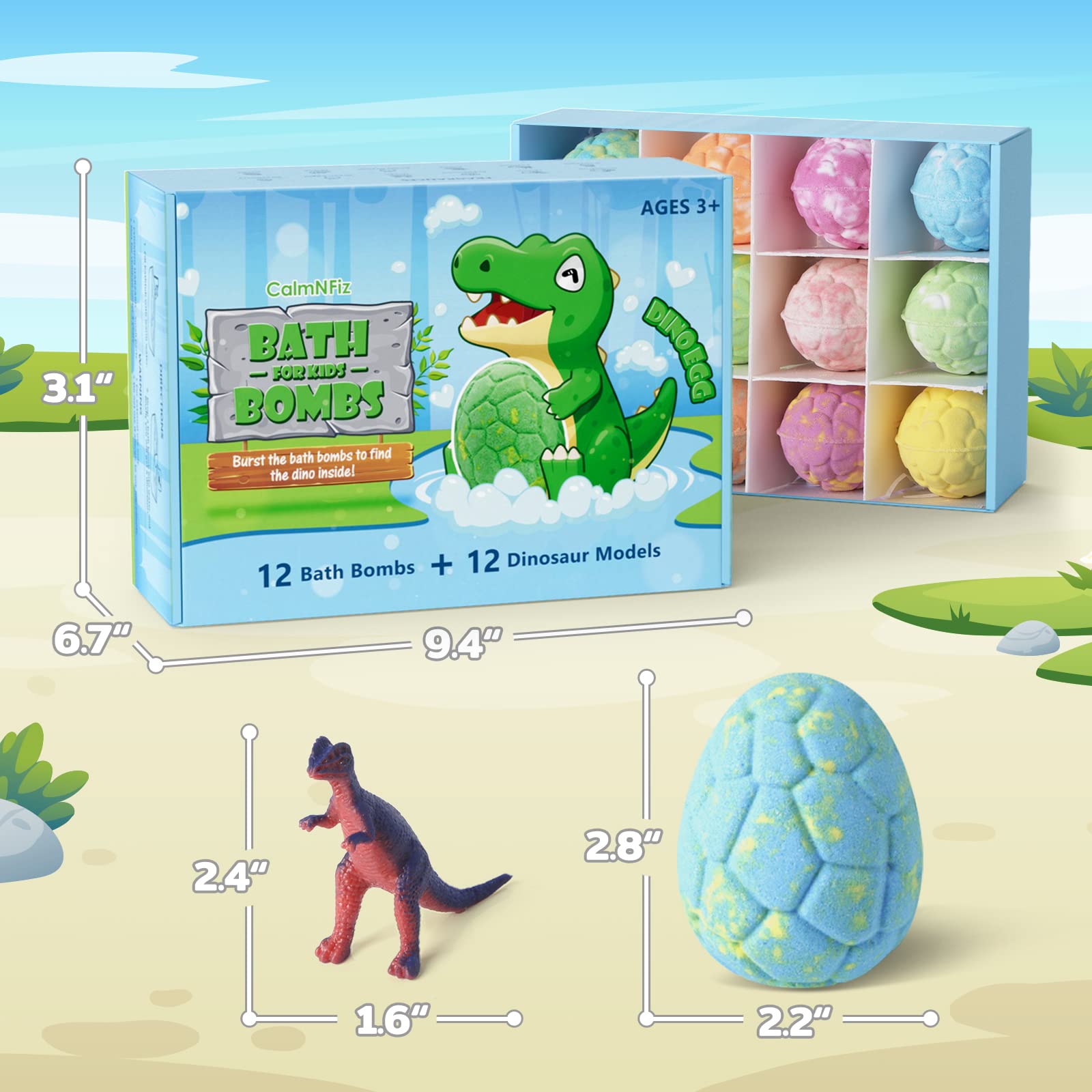 CalmNFiz Bath Bombs with Surprise Dinosaur Toys – 12 Pack, Organic & Natural